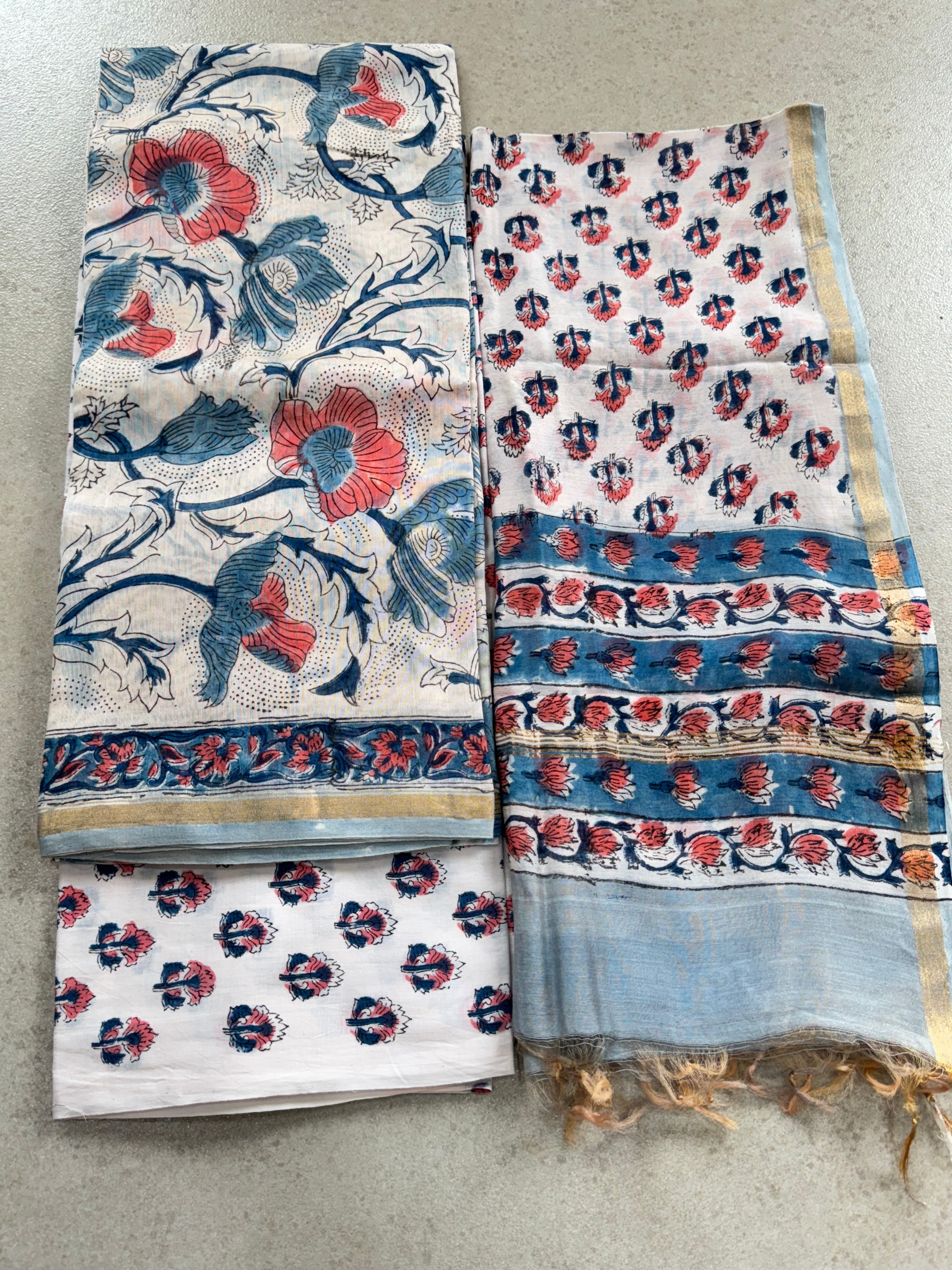 HAND BLOCK PRINTED CHANDERI UNSTITCHED SUIT