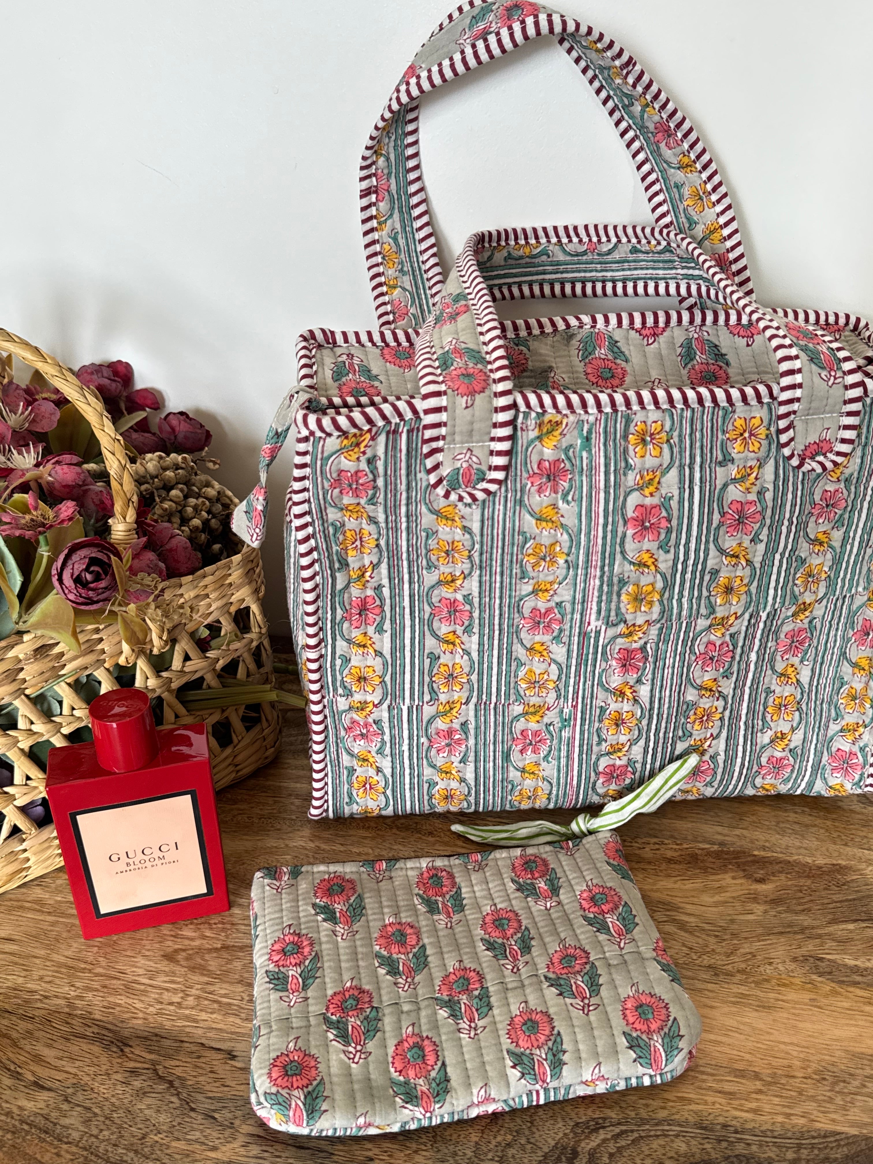 REVERSIBLE MINI TOTE BAG WITH MATCHING FLAT POUCH SET