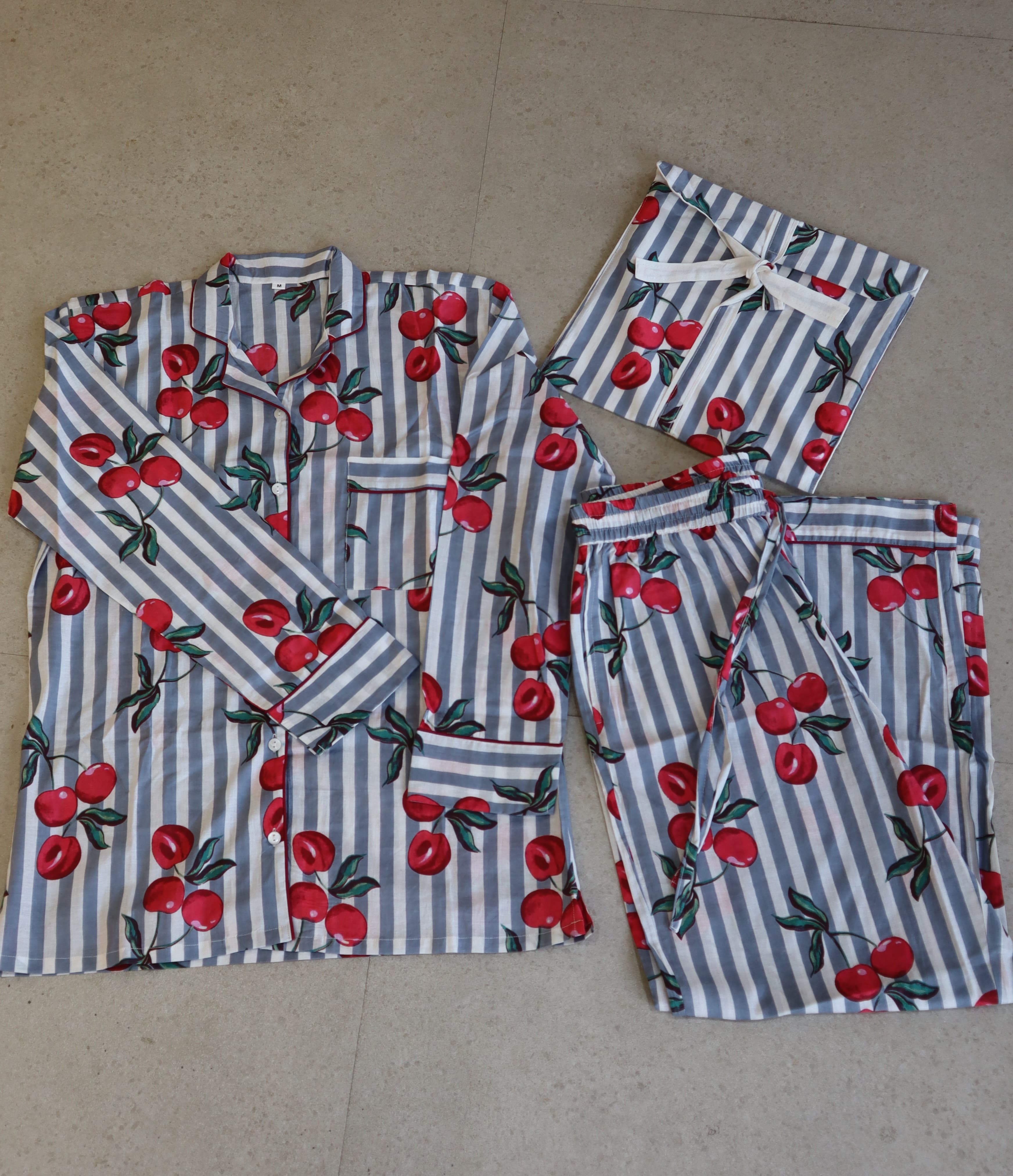 GREY CHERRY FULL SHIRT AND FULL PAJAMA