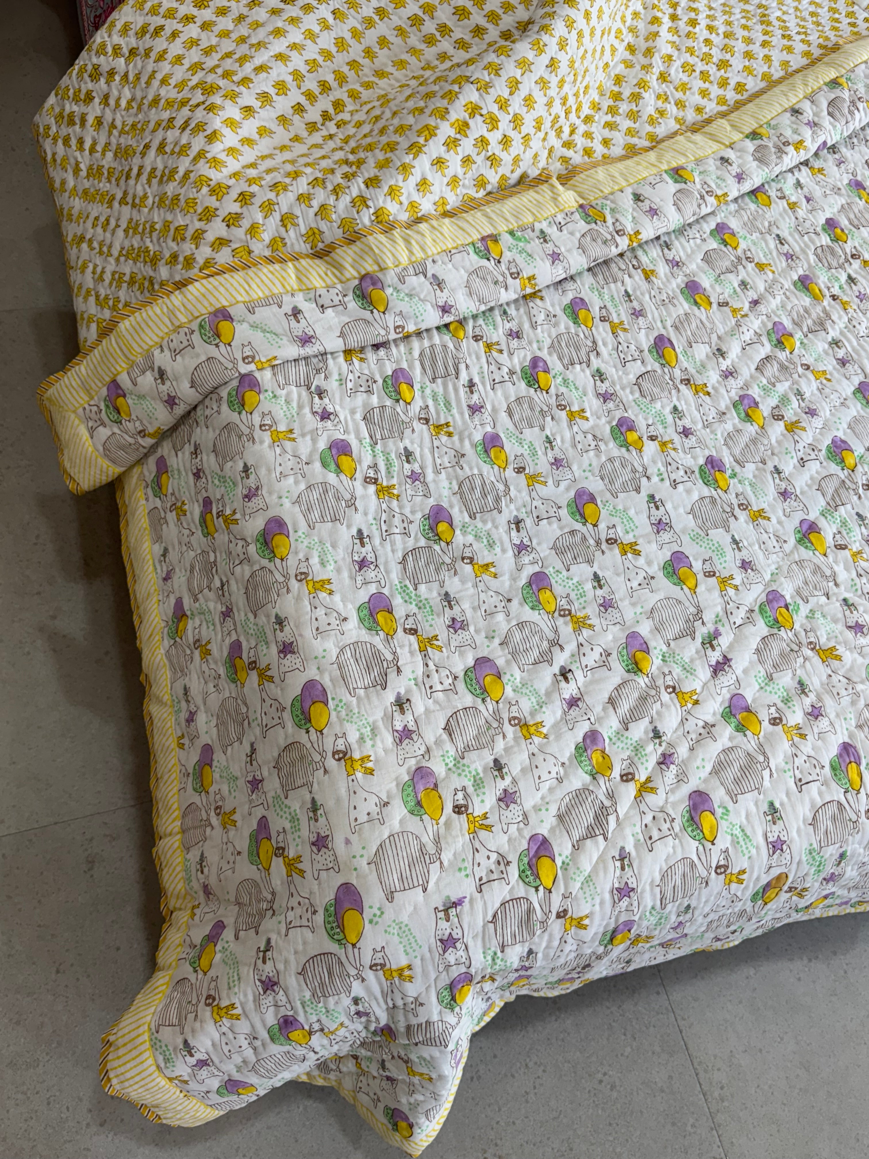 SINGLE BED HANDBLOCK PRINTED REVERSIBLE MULMUL KIDS QUILT (5 years till Adult Size)