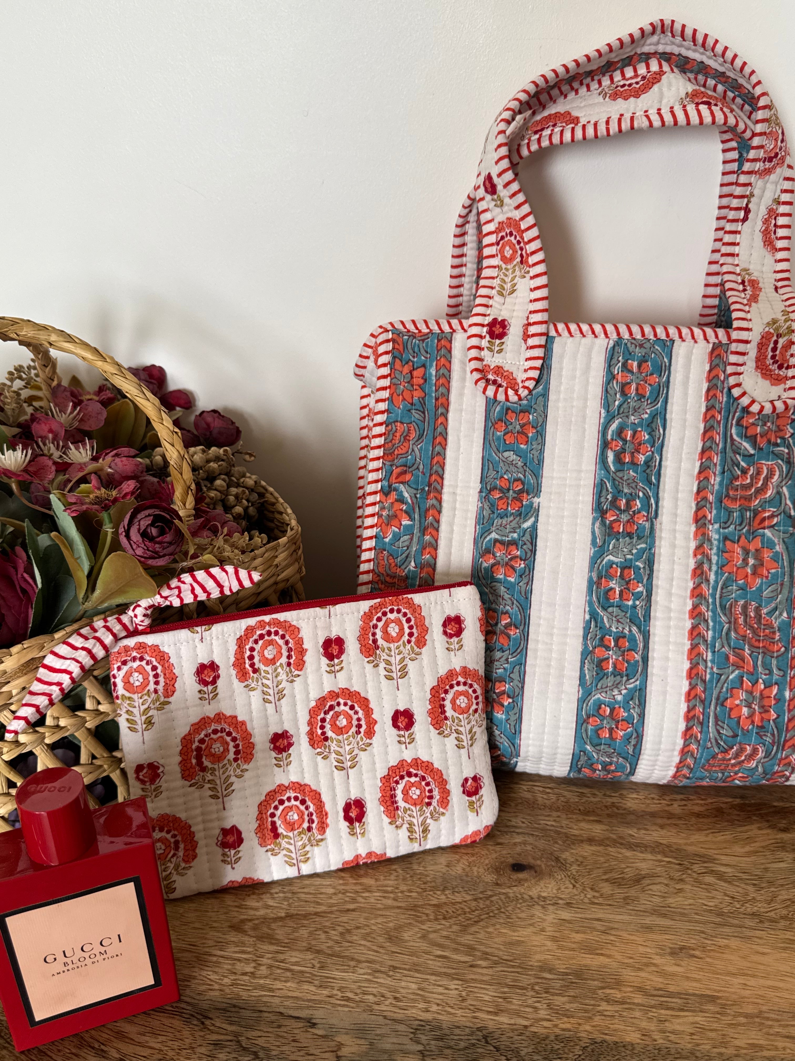 REVERSIBLE MINI TOTE BAG WITH MATCHING FLAT POUCH SET