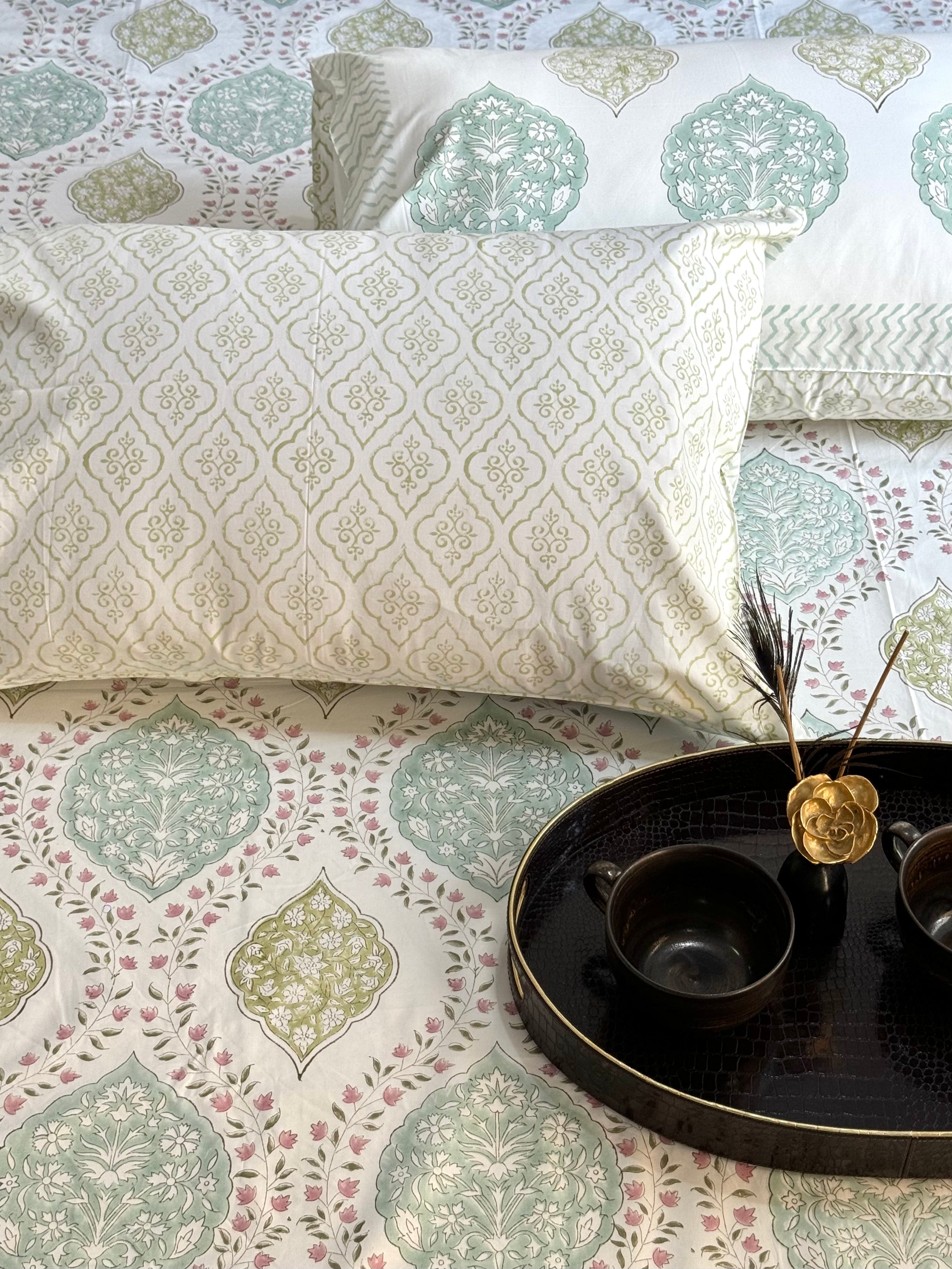 EVERGREEN JAAL HAND BLOCK PRINTED BEDSHEET WITH TWO REVERSIBLE PILLOW COVERS