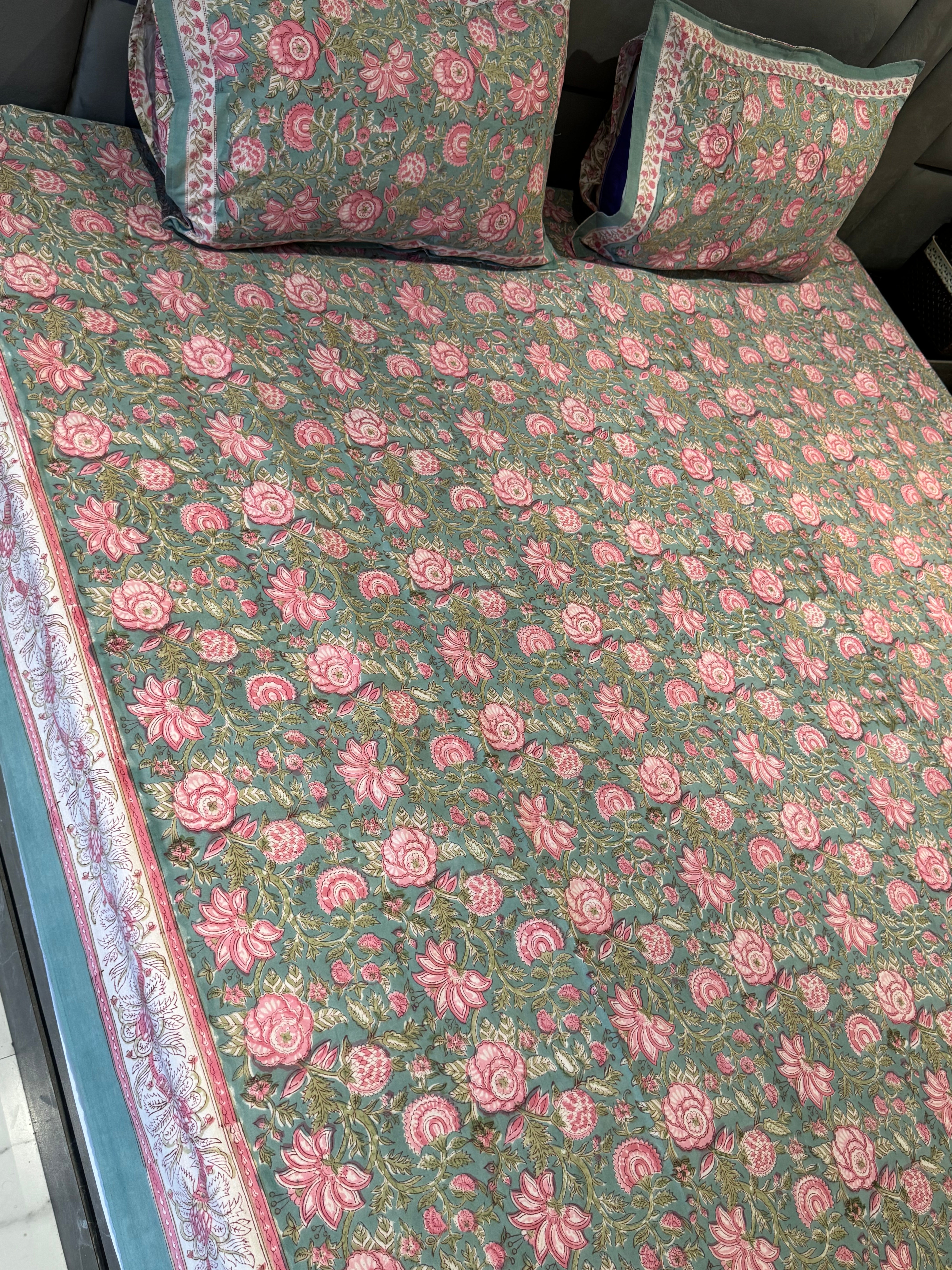 FESTIVE HAND BLOCK PRINTED BEDSHEET WITH TWO REVERSIBLE PILLOW COVERS