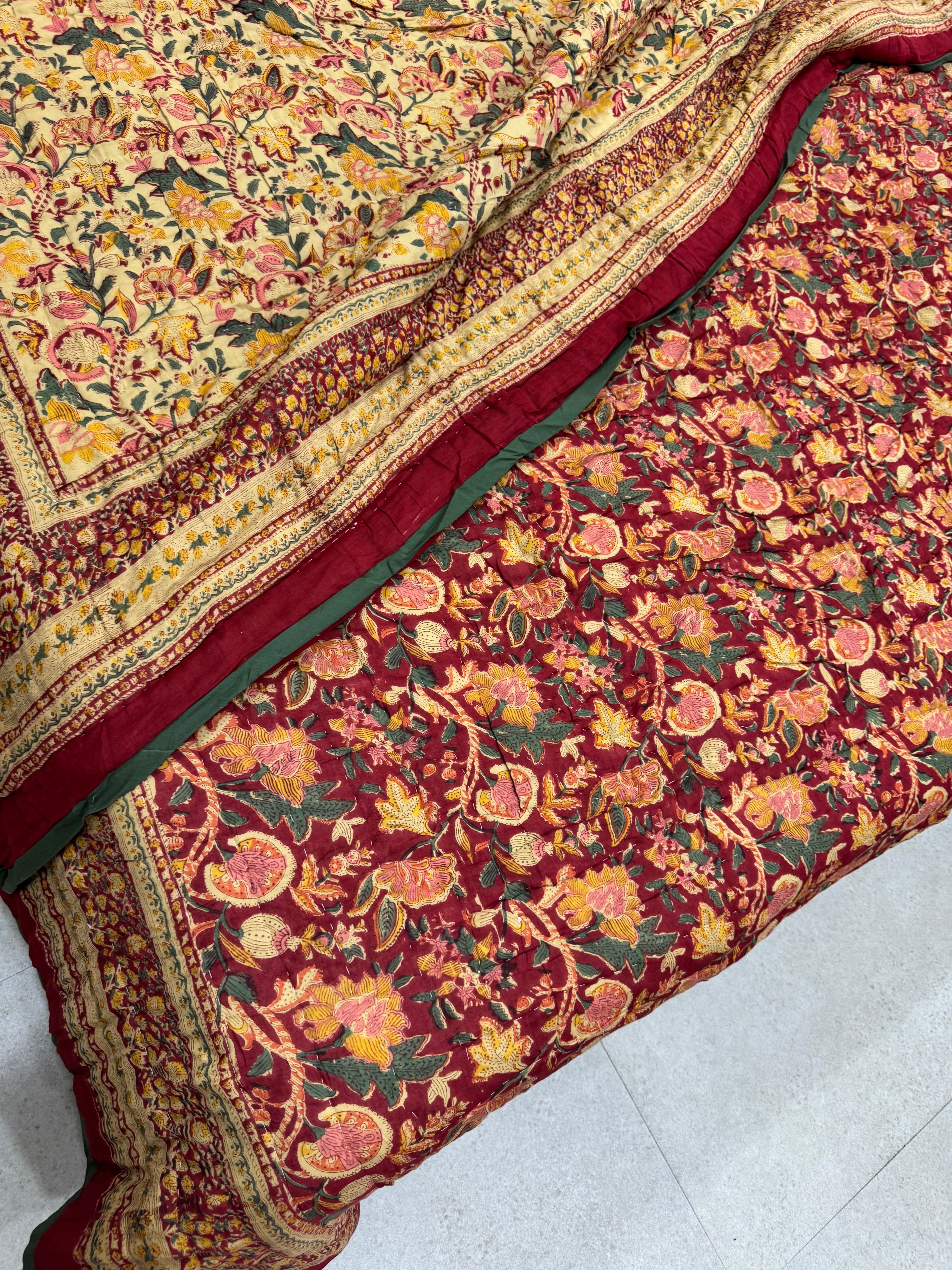 FESTIVE HAND BLOCK PRINTED REVERSIBLE QUILT (DOUBLE BED)