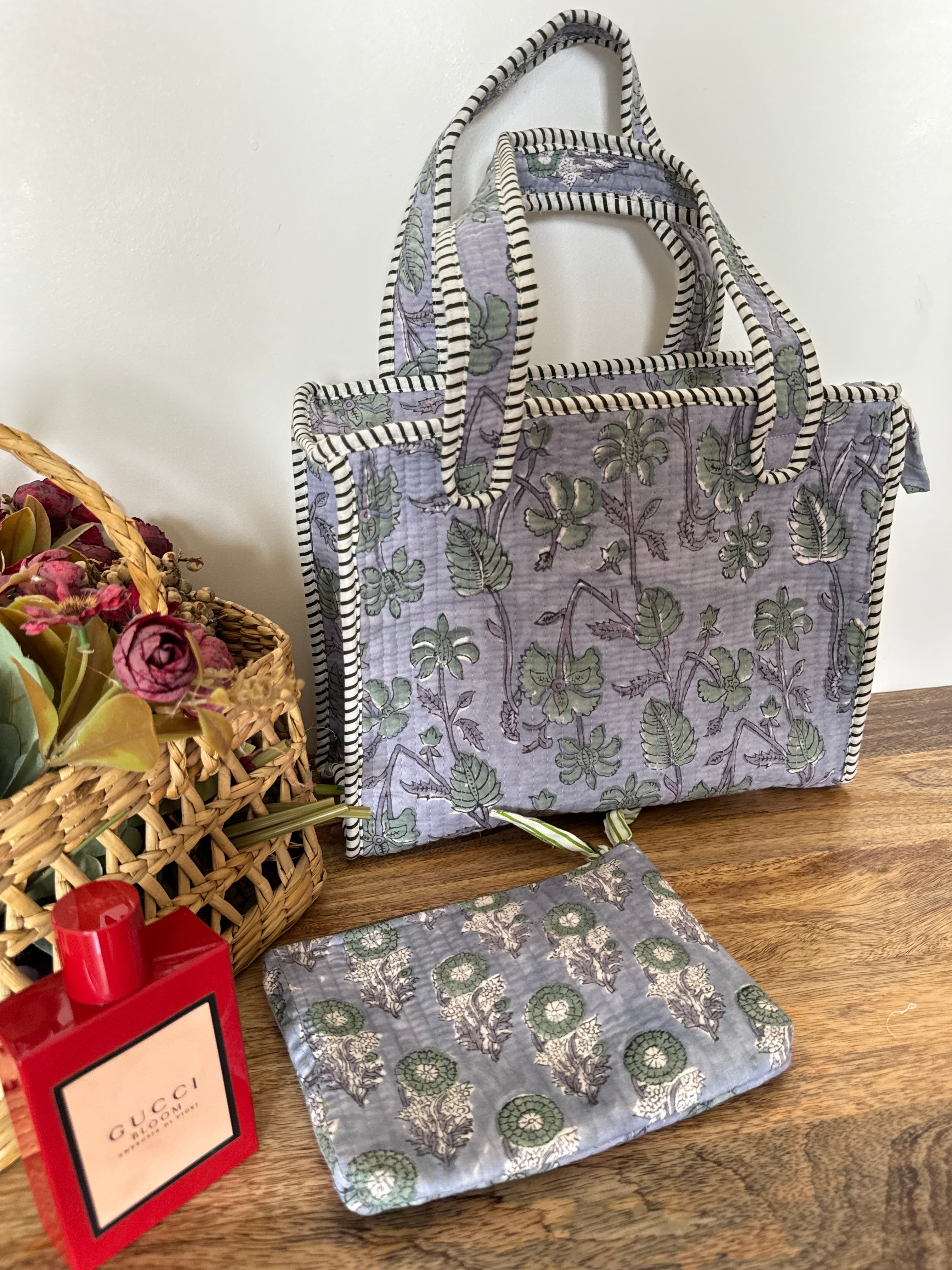 REVERSIBLE MINI TOTE BAG WITH MATCHING FLAT POUCH SET