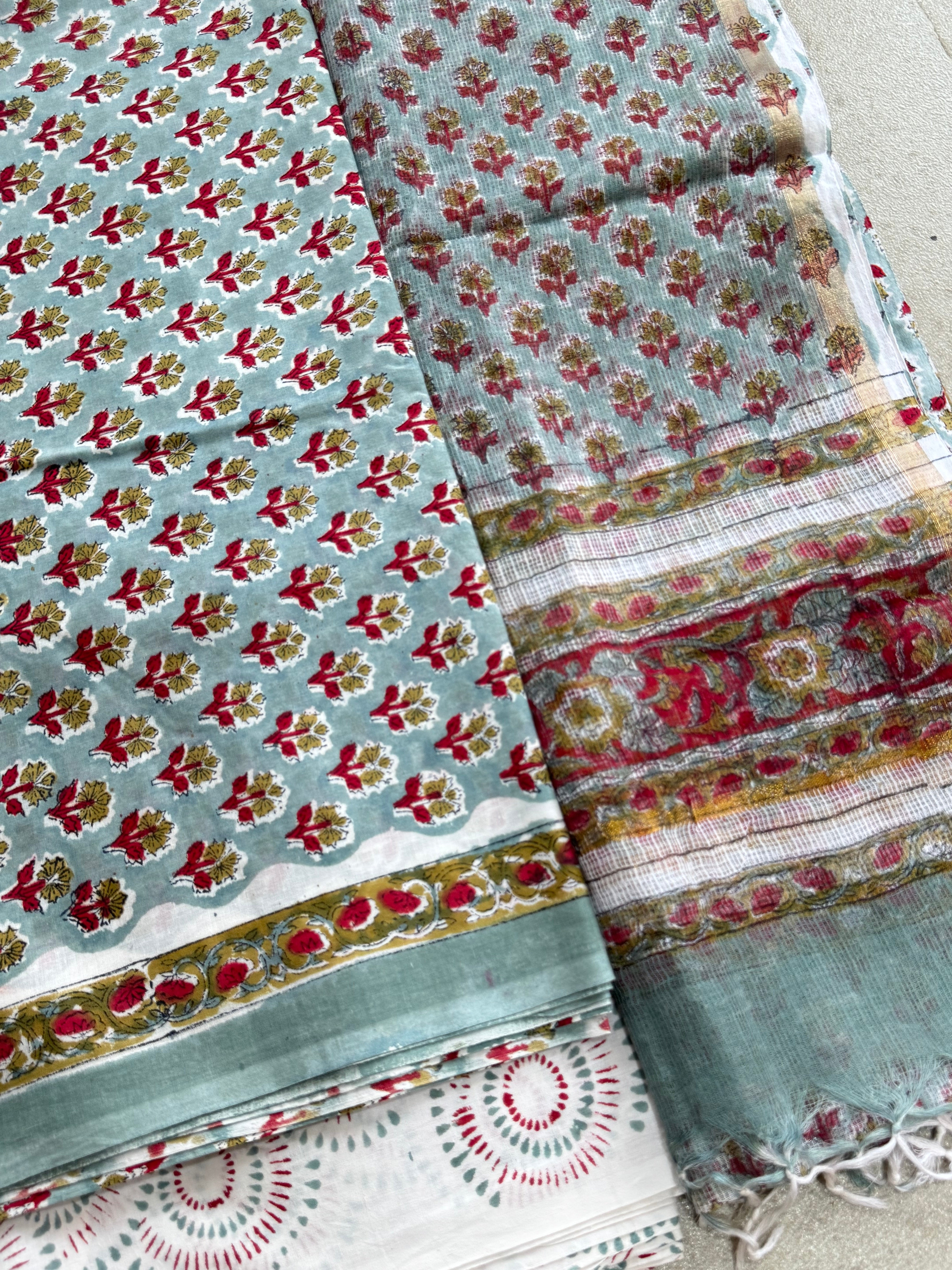 HAND BLOCK PRINTED COTTON WITH KOTA DORIYA DUPATTA UNSTITCHED SUIT