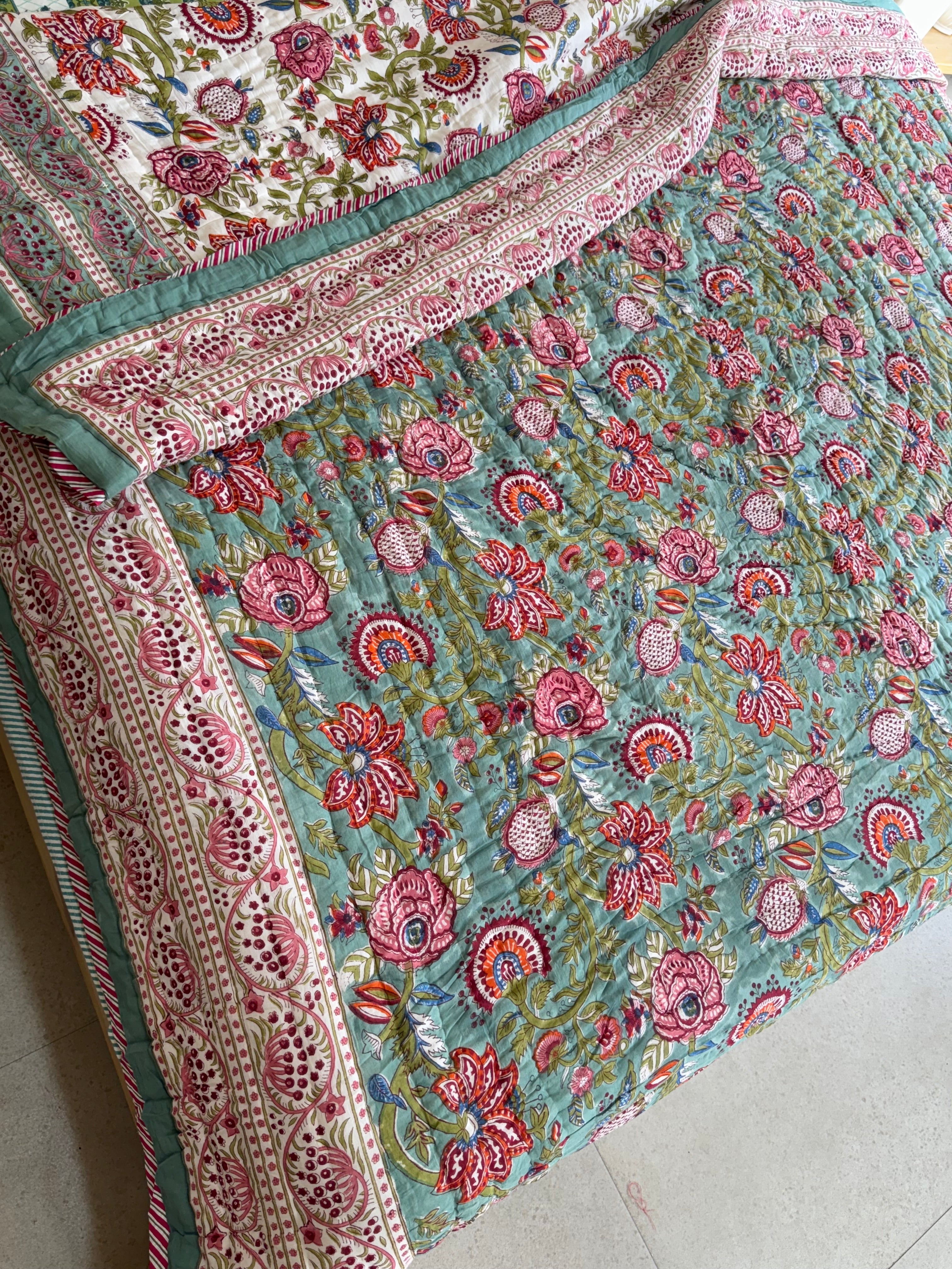 FESTIVE HAND BLOCK PRINTED REVERSIBLE QUILT (DOUBLE BED)