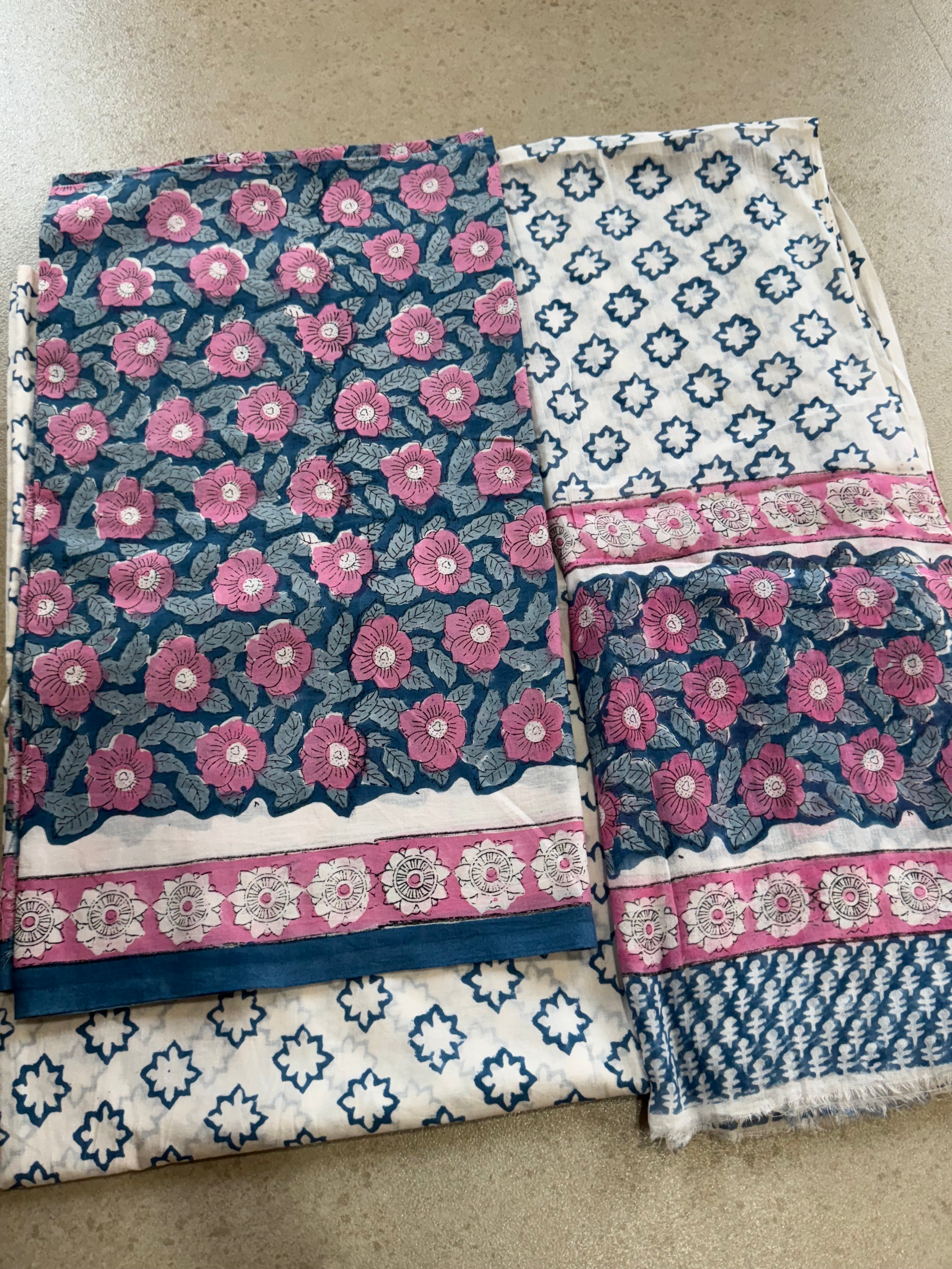 HAND BLOCK PRINTED COTTON UNSTITCHED SUIT WITH MULMUL DUPATTA