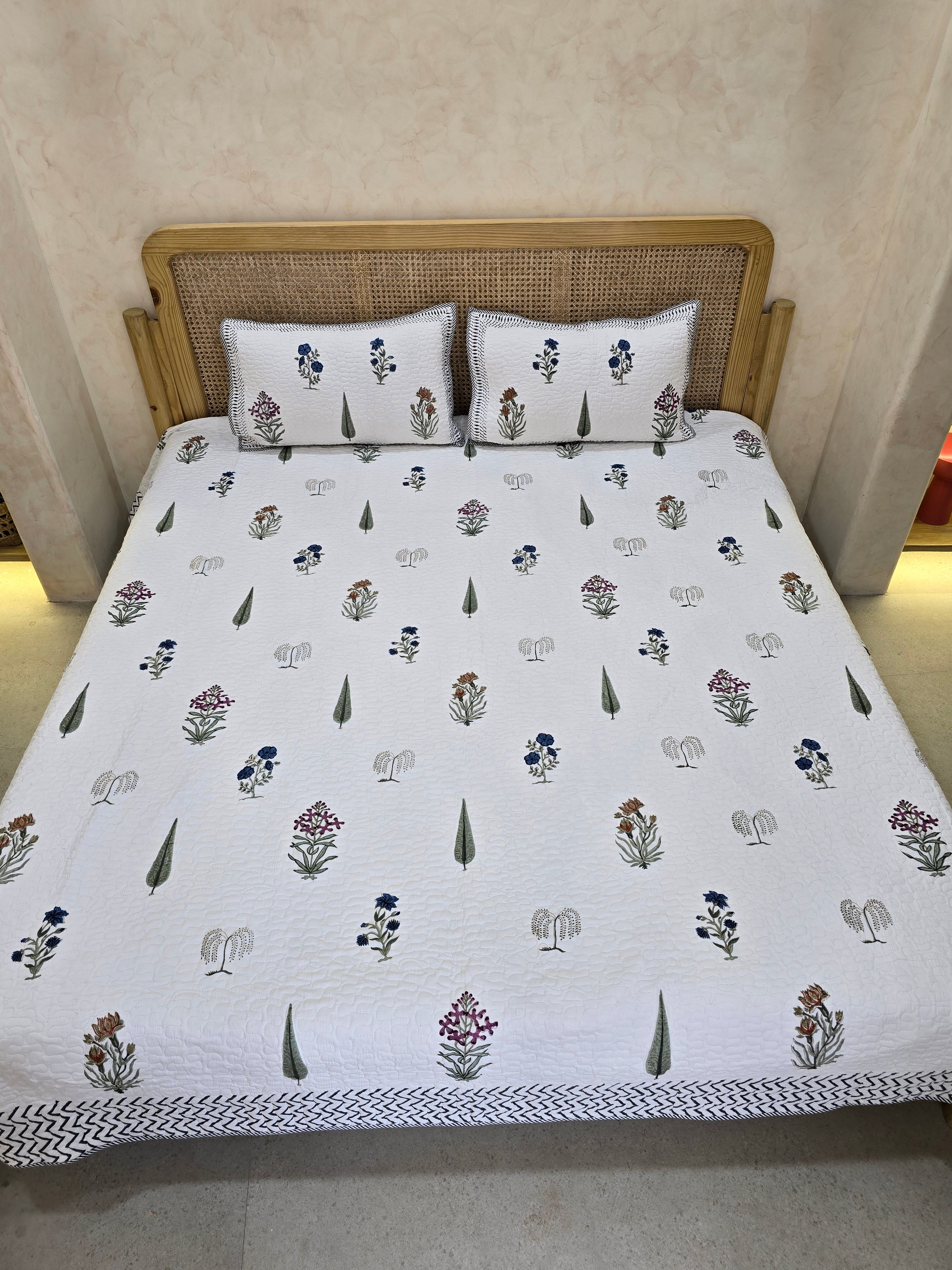 CHEVRON HANDBLOCK PRINTED REVERSIBLE QUILTED BEDCOVER 90*108 inches