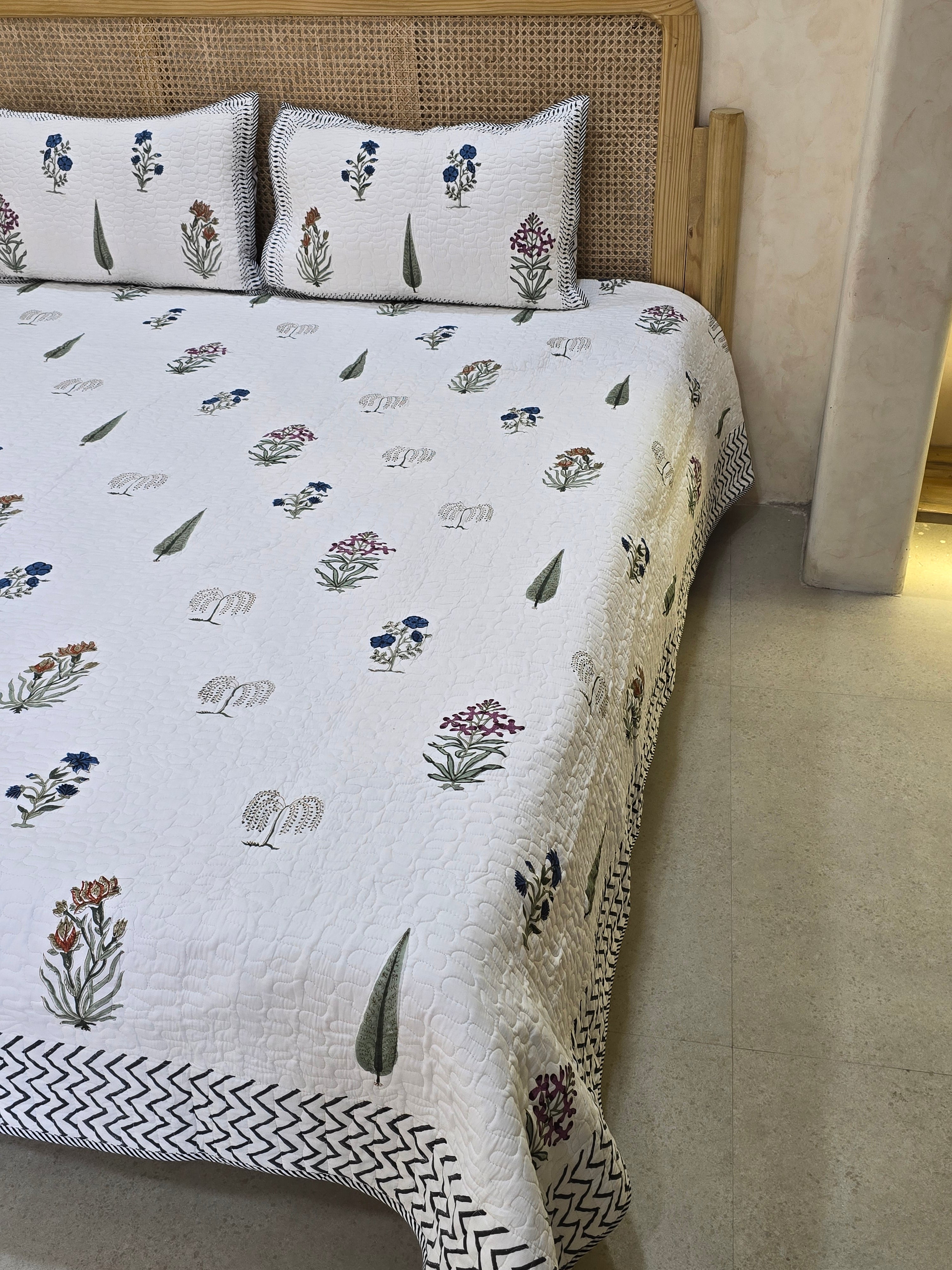 CHEVRON HANDBLOCK PRINTED REVERSIBLE QUILTED BEDCOVER 90*108 inches