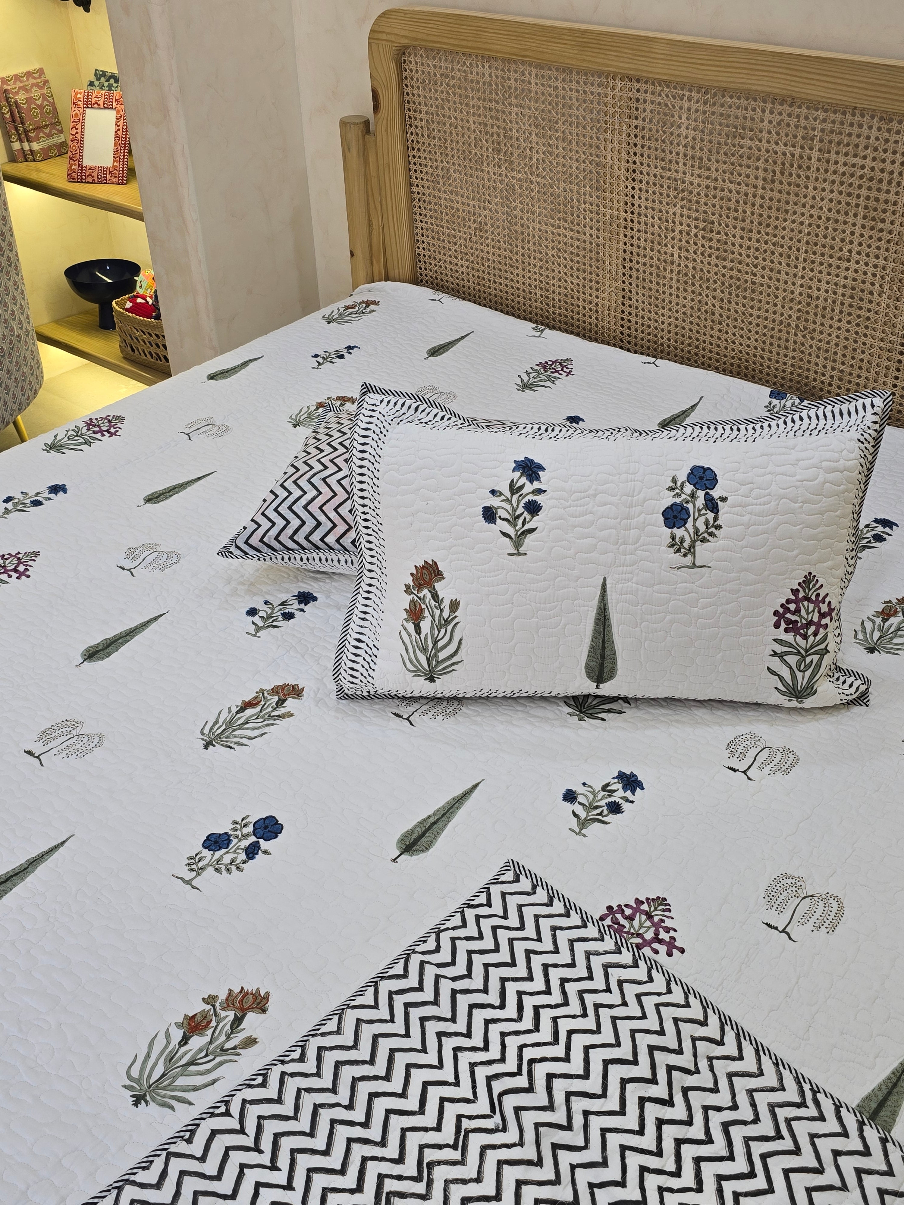 CHEVRON HANDBLOCK PRINTED REVERSIBLE QUILTED BEDCOVER 90*108 inches