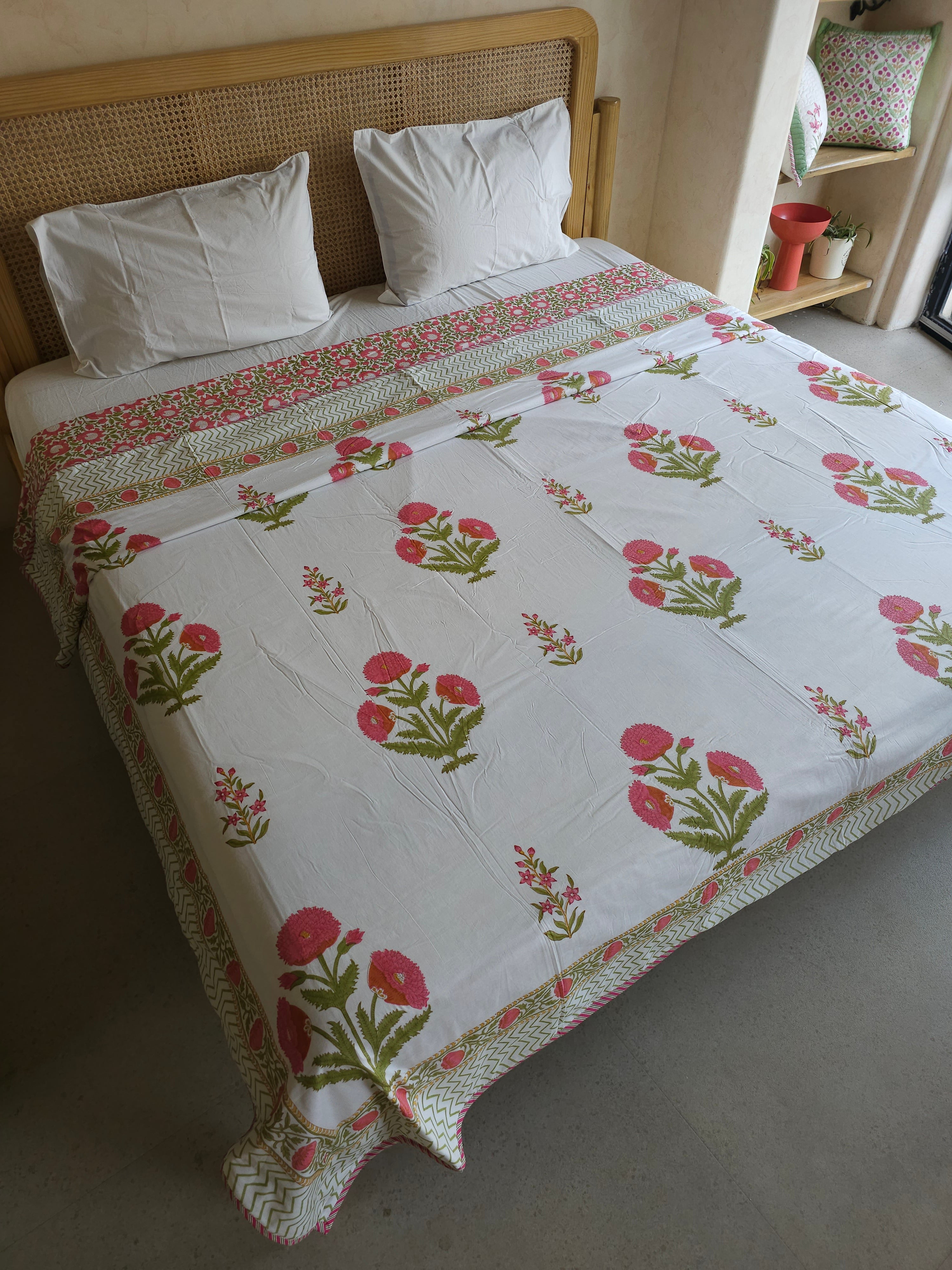 POPPY DOUBLE BED HANDBLOCK PRINTED REVERSIBLE MULMUL DOHAR
