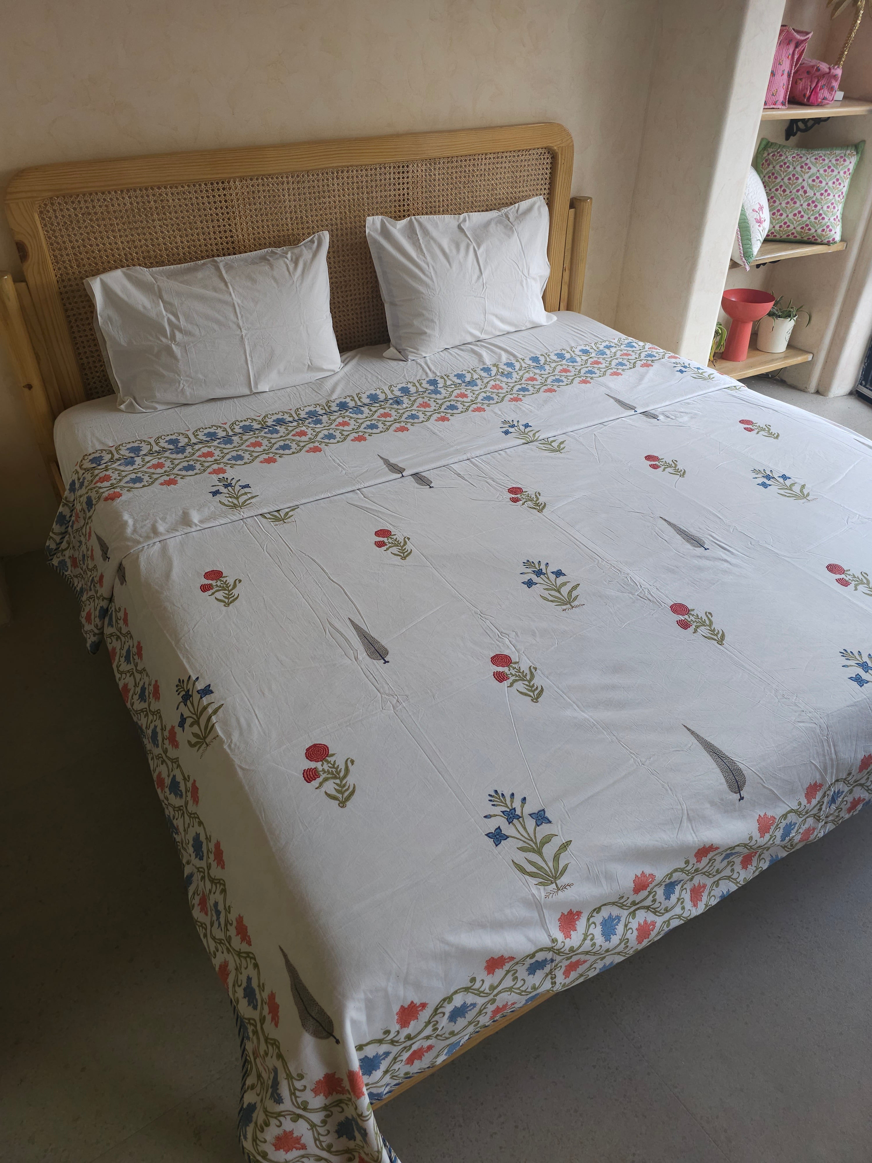 SPRING IVY DOUBLE BED HANDBLOCK PRINTED REVERSIBLE MULMUL DOHAR