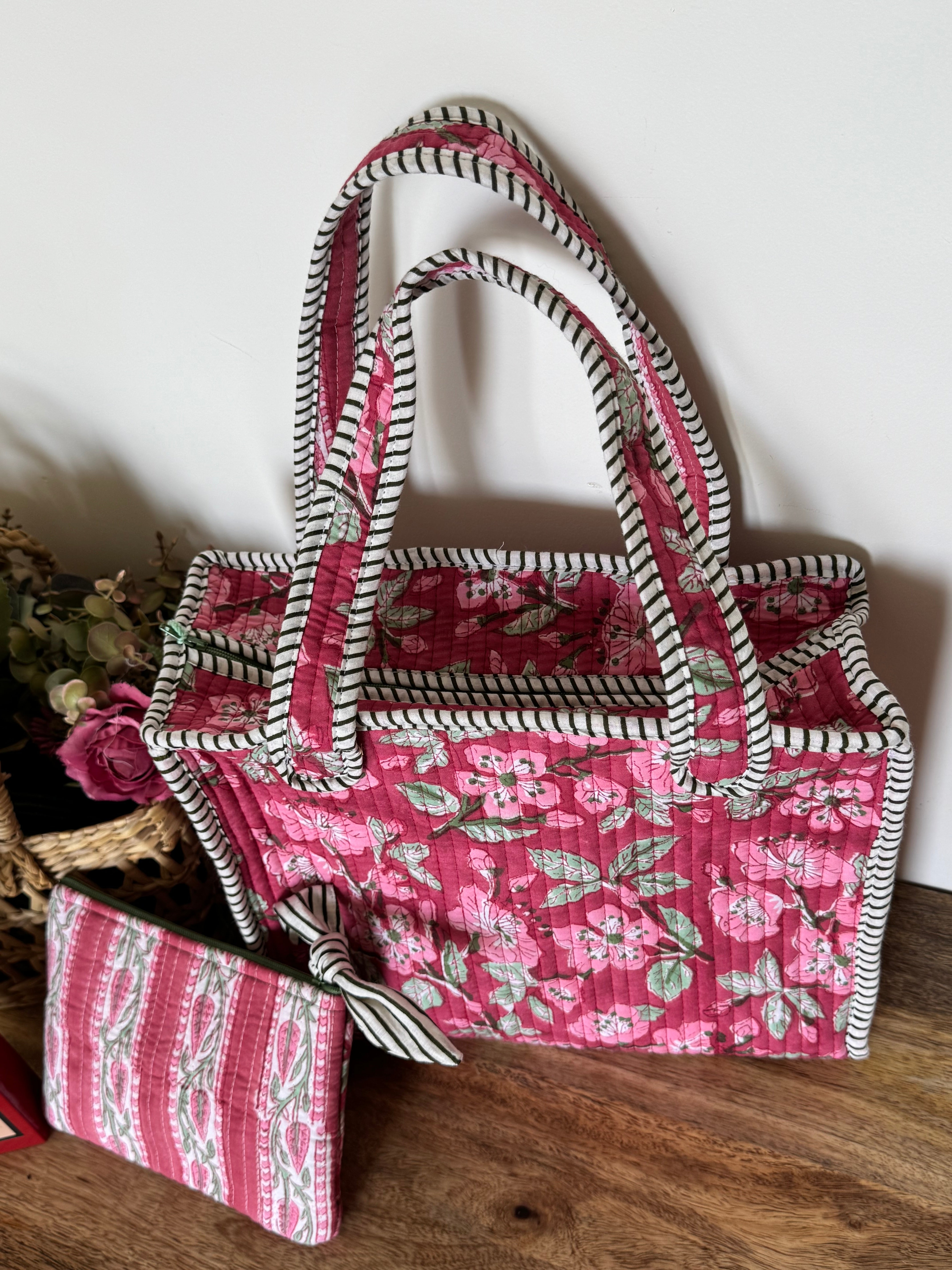 REVERSIBLE MINI TOTE BAG WITH MATCHING FLAT POUCH SET
