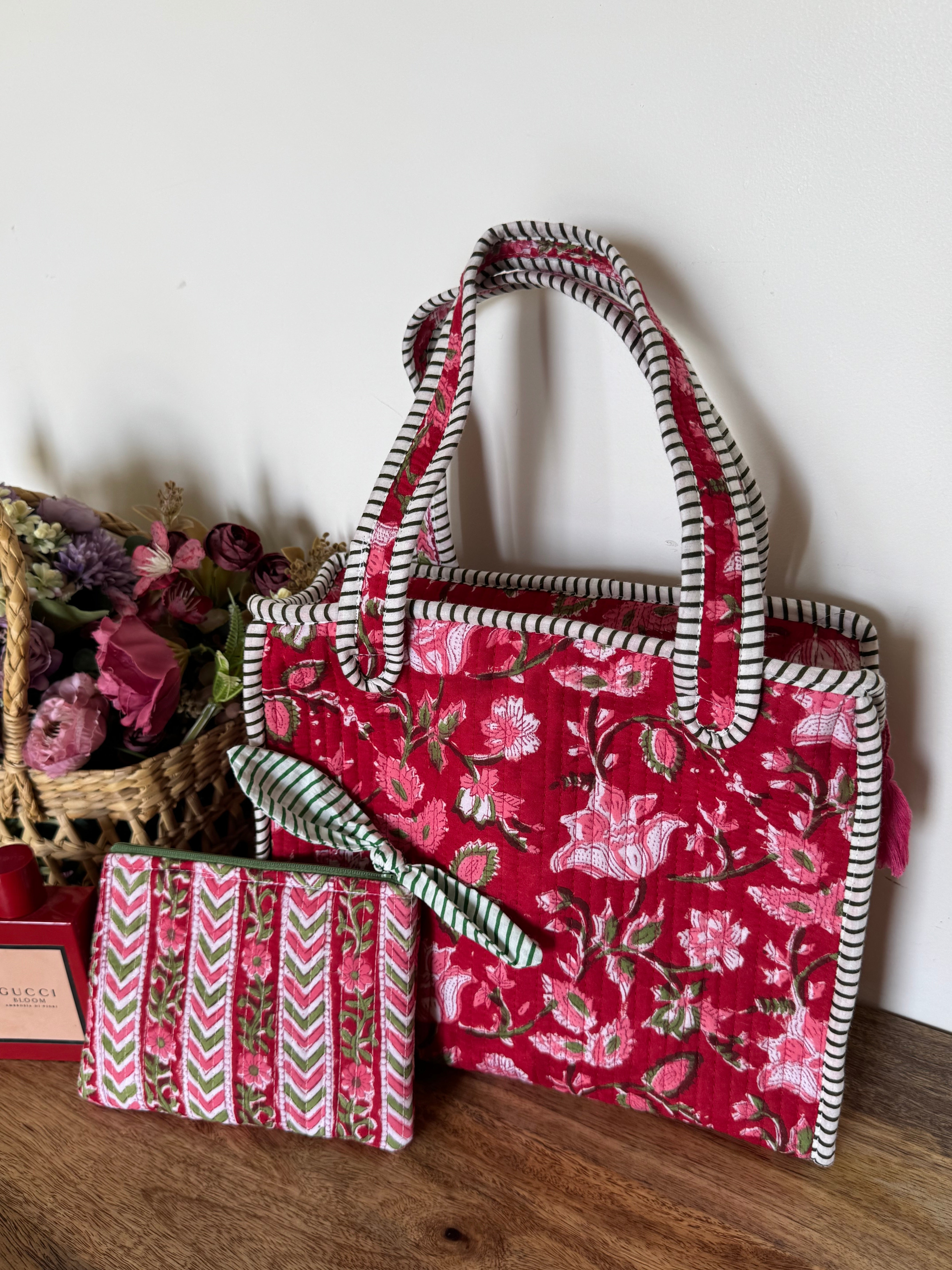 REVERSIBLE MINI TOTE BAG WITH MATCHING FLAT POUCH SET