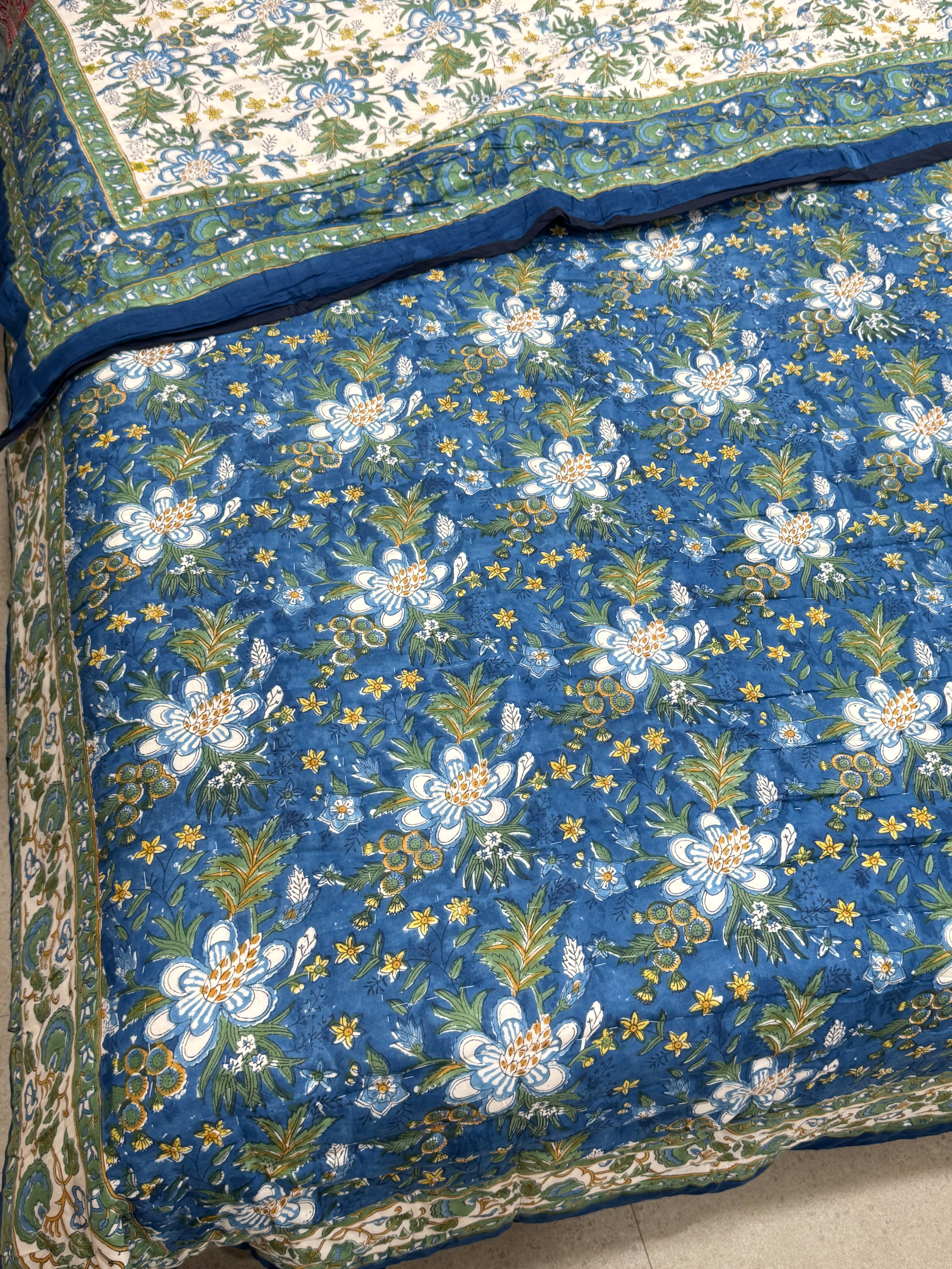 FESTIVE HAND BLOCK PRINTED REVERSIBLE QUILT (DOUBLE BED)