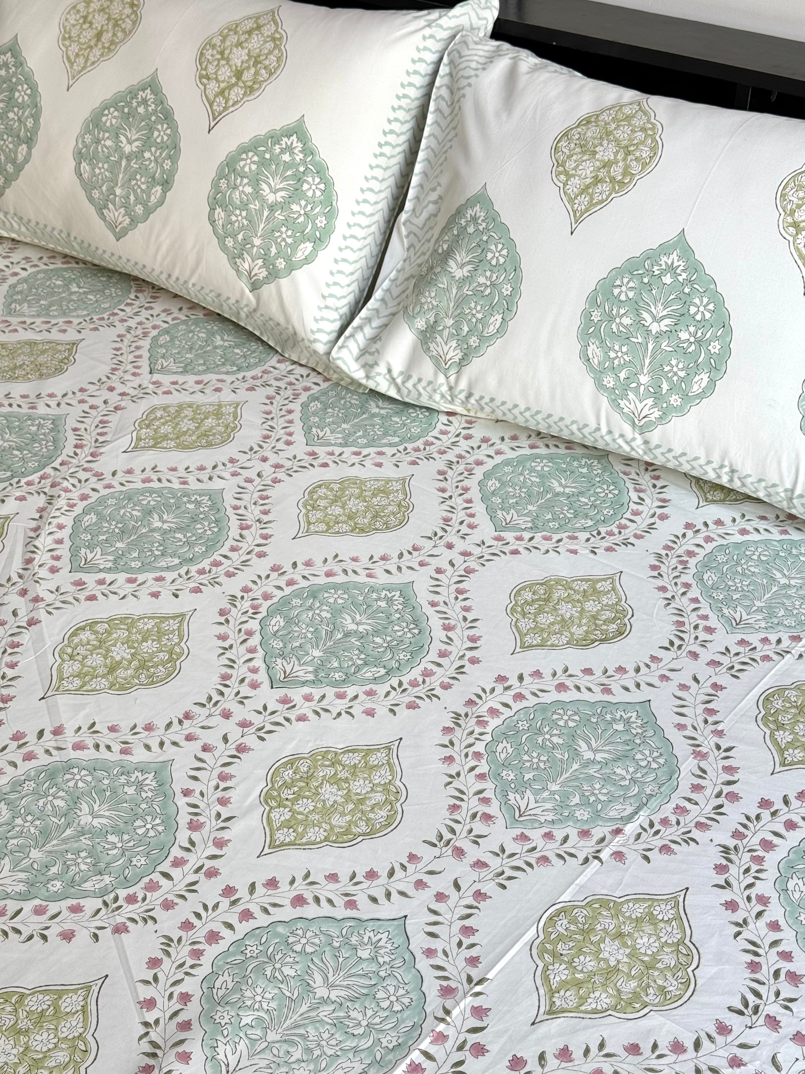 EVERGREEN JAAL HAND BLOCK PRINTED BEDSHEET WITH TWO REVERSIBLE PILLOW COVERS