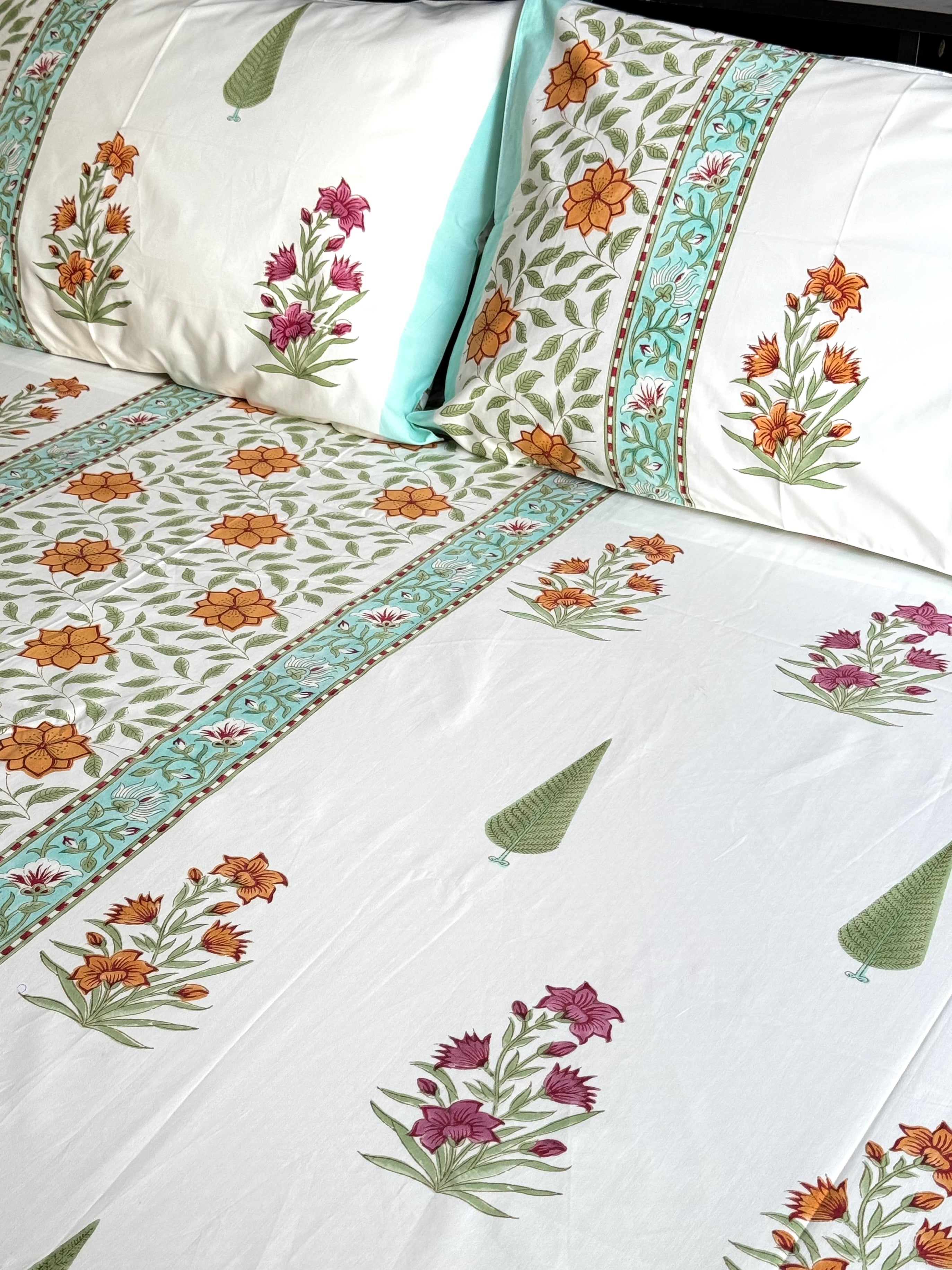 RAMYA HANDBLOCK PRINTED BEDSHEET WITH TWO REVERSIBLE PILLOW COVERS