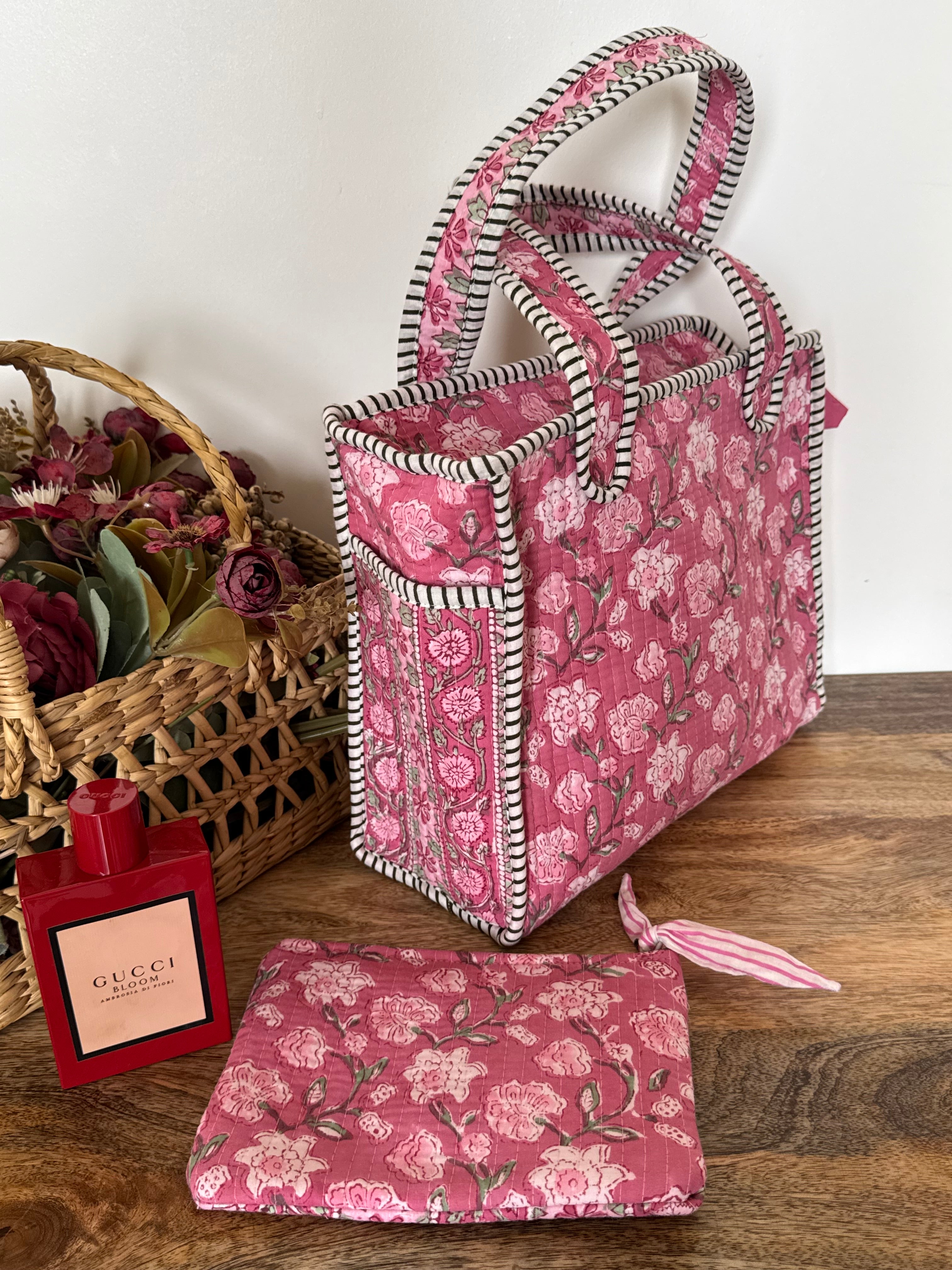 REVERSIBLE MINI TOTE BAG WITH MATCHING FLAT POUCH SET