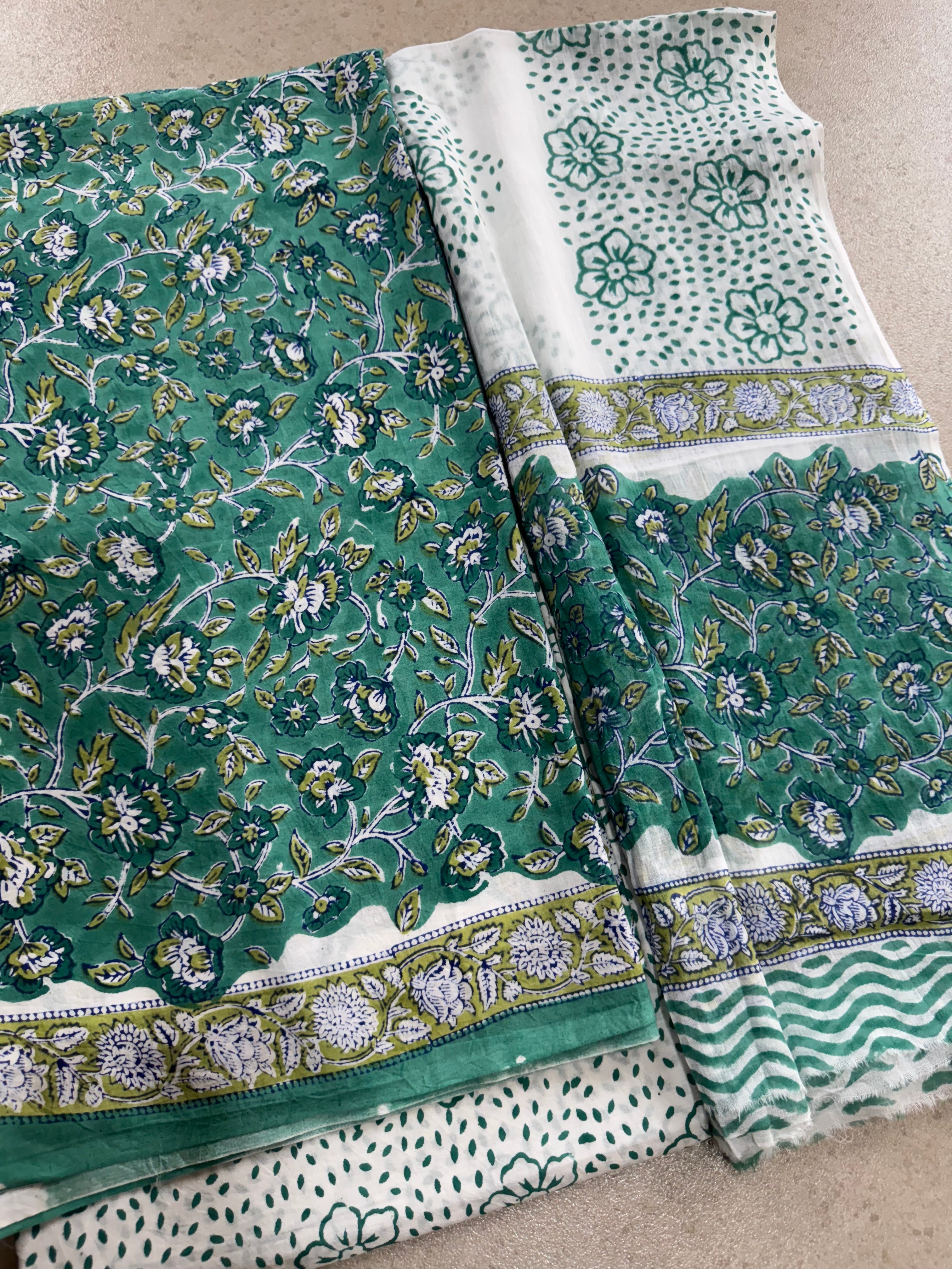 HAND BLOCK PRINTED COTTON UNSTITCHED SUIT WITH MULMUL DUPATTA