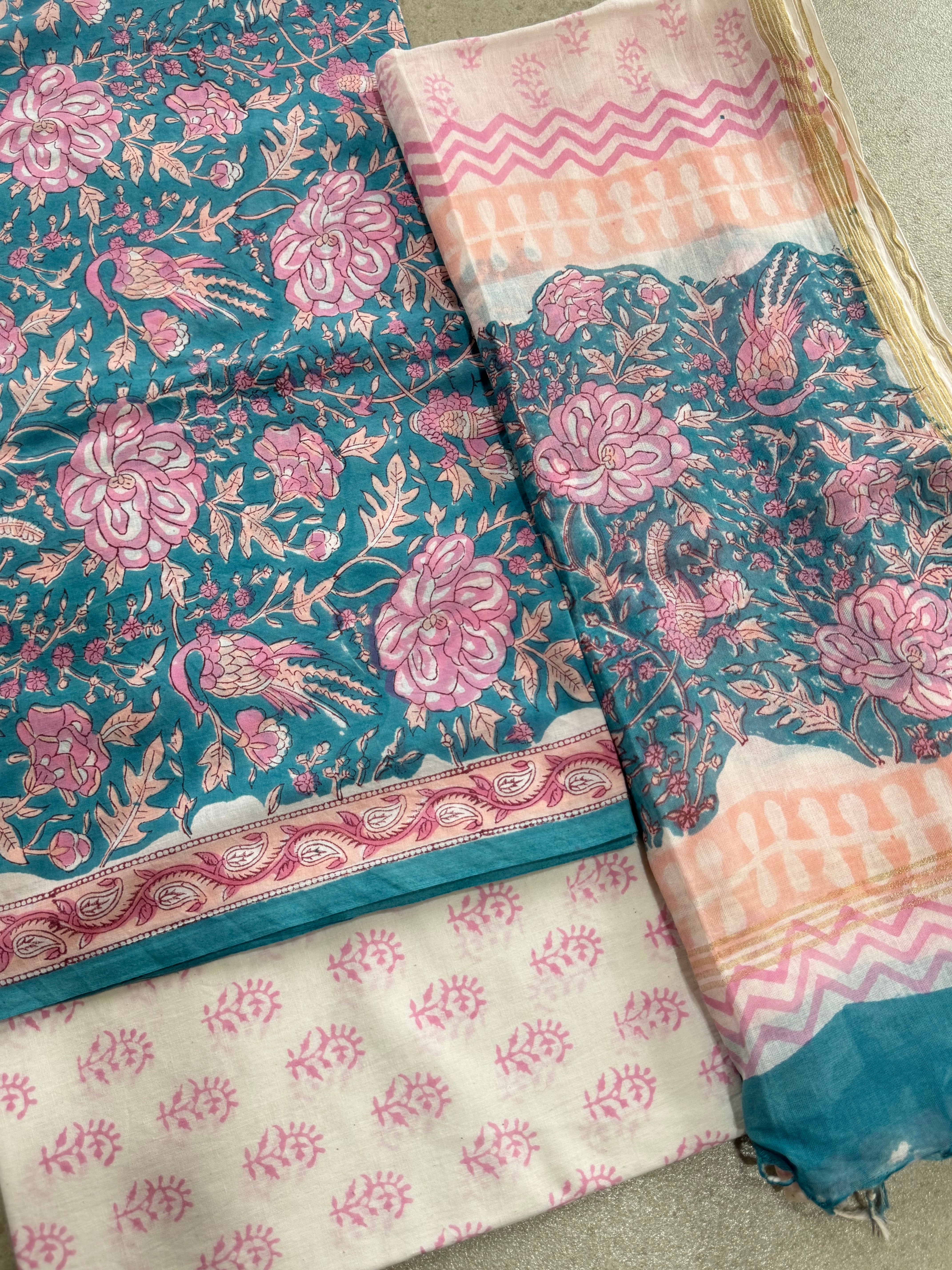 HAND BLOCK PRINTED COTTON UNSTITCHED SUIT WITH MULMUL DUPATTA