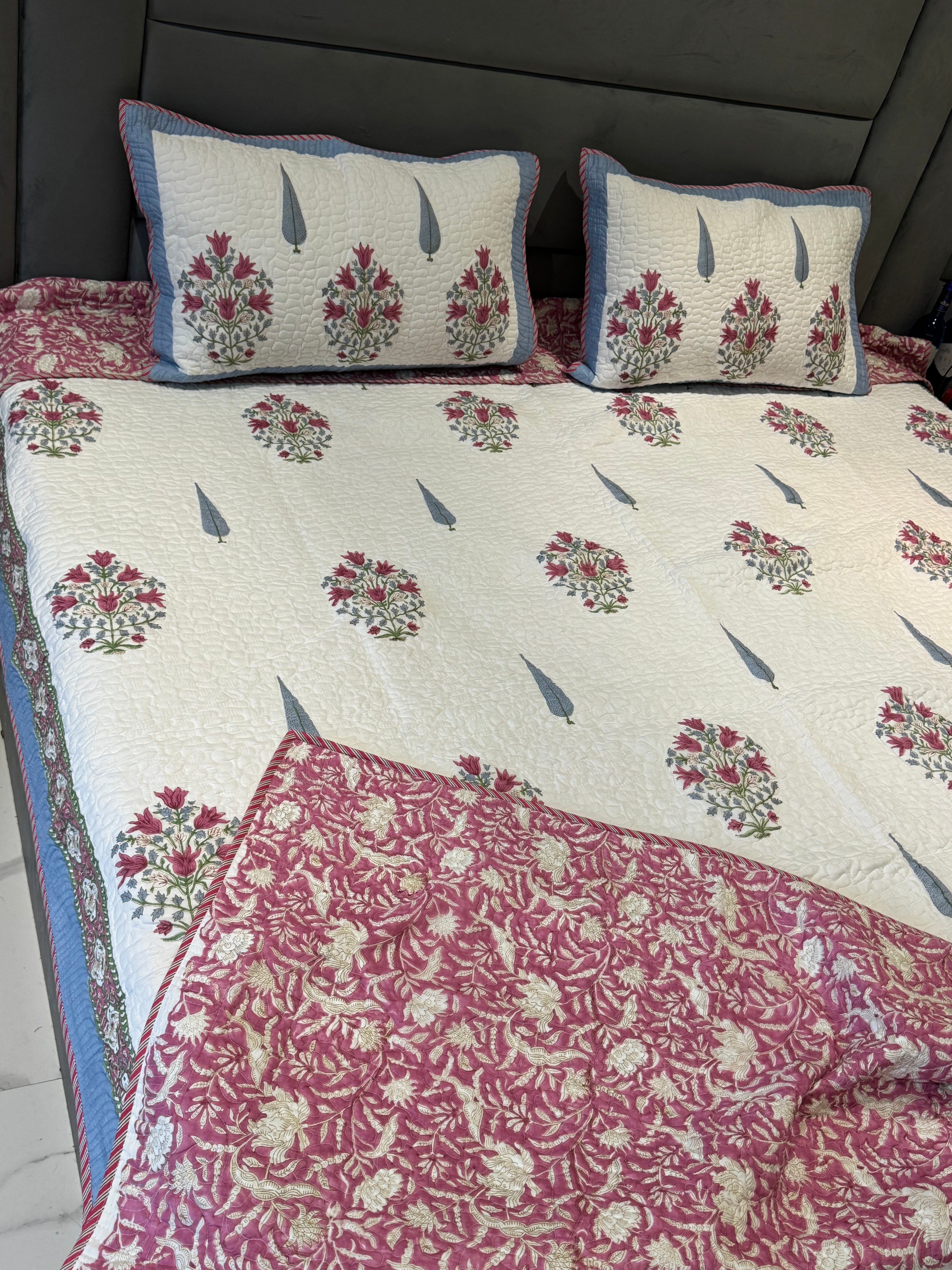 REVERSIBLE SUMAN HAND BLOCK PRINTED QUILTED BEDCOVER