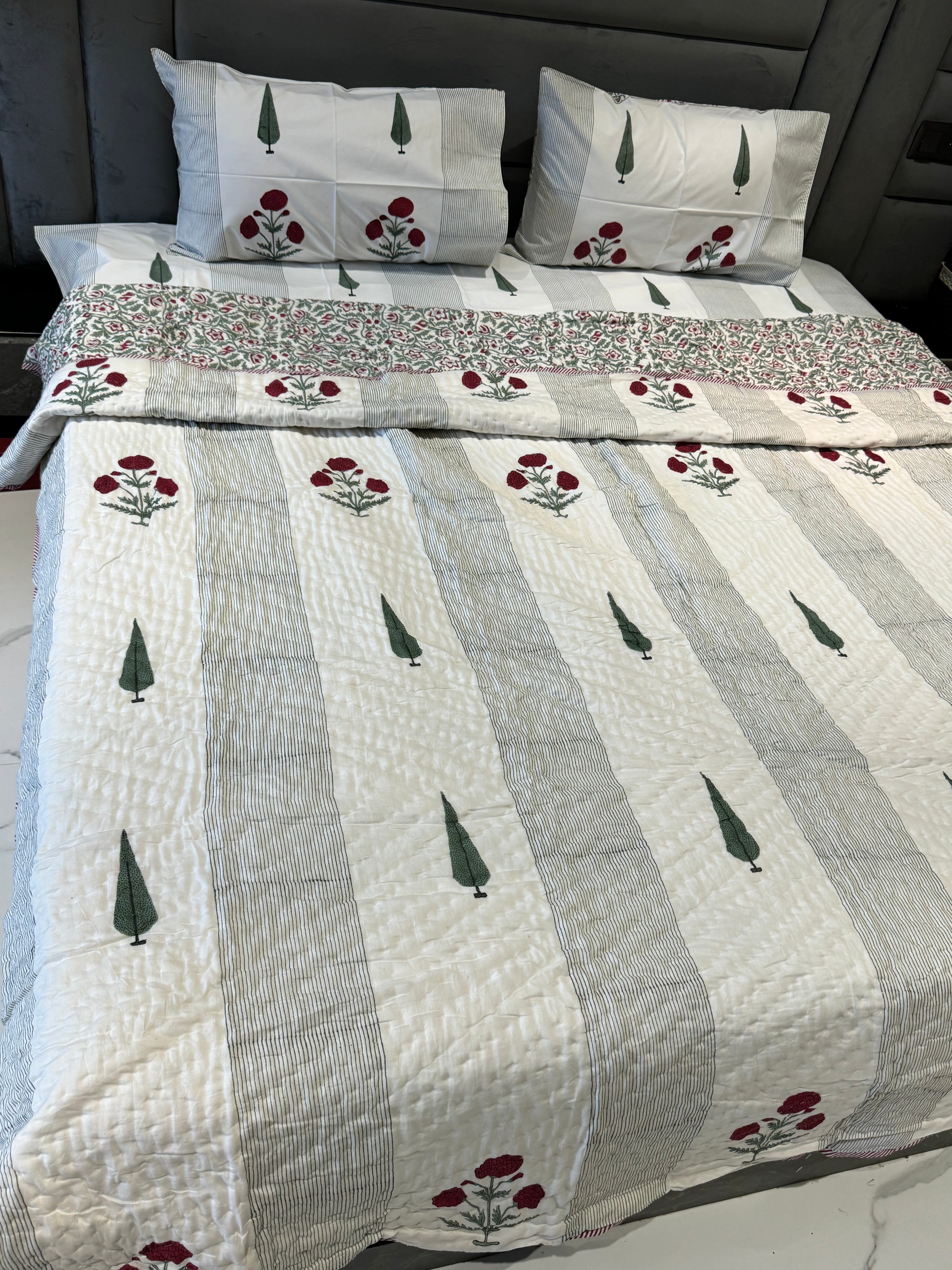 POPPY WITH PANELLING HANDBLOCK PRINTED BEDDING SET