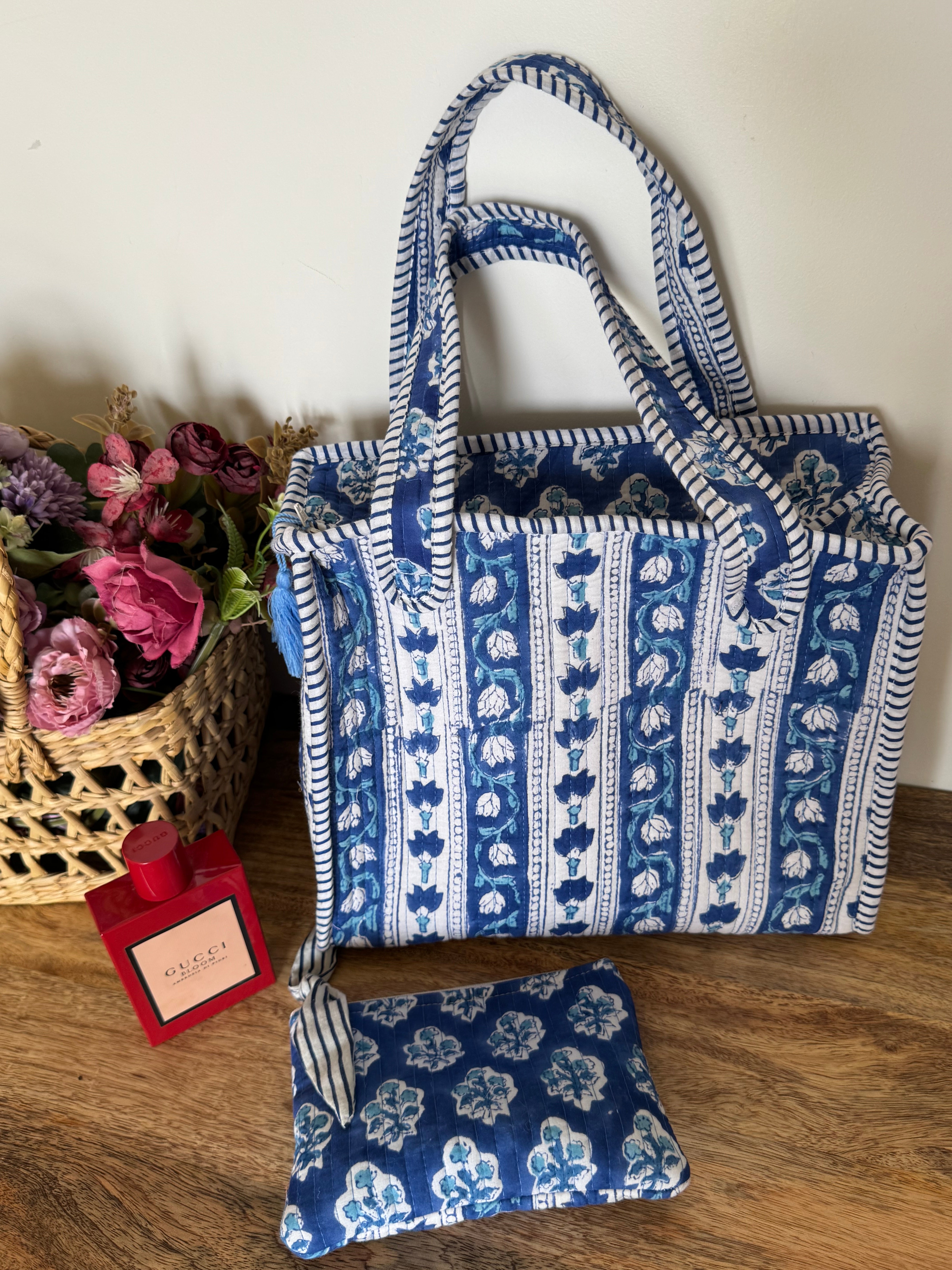 REVERSIBLE MINI TOTE BAG WITH MATCHING FLAT POUCH SET
