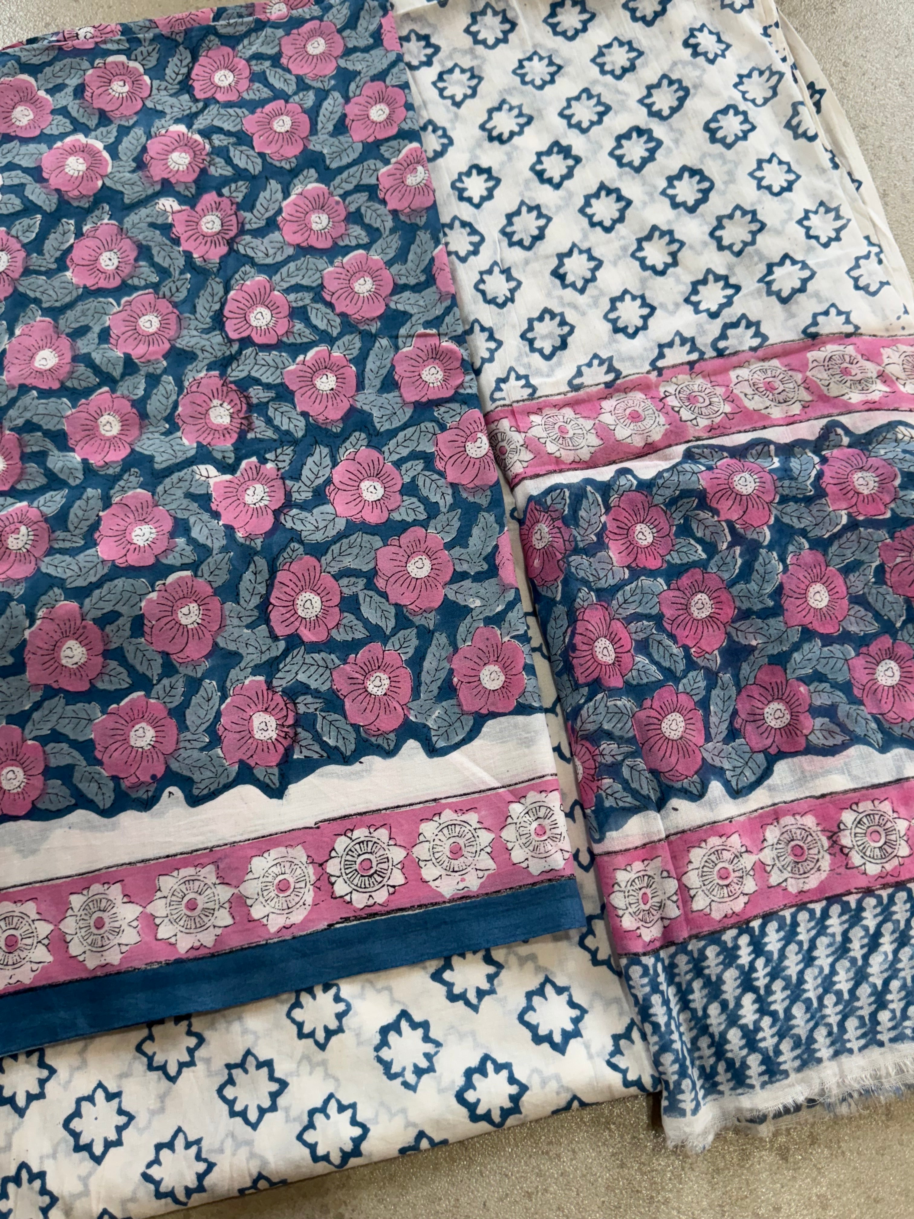 HAND BLOCK PRINTED COTTON UNSTITCHED SUIT WITH MULMUL DUPATTA
