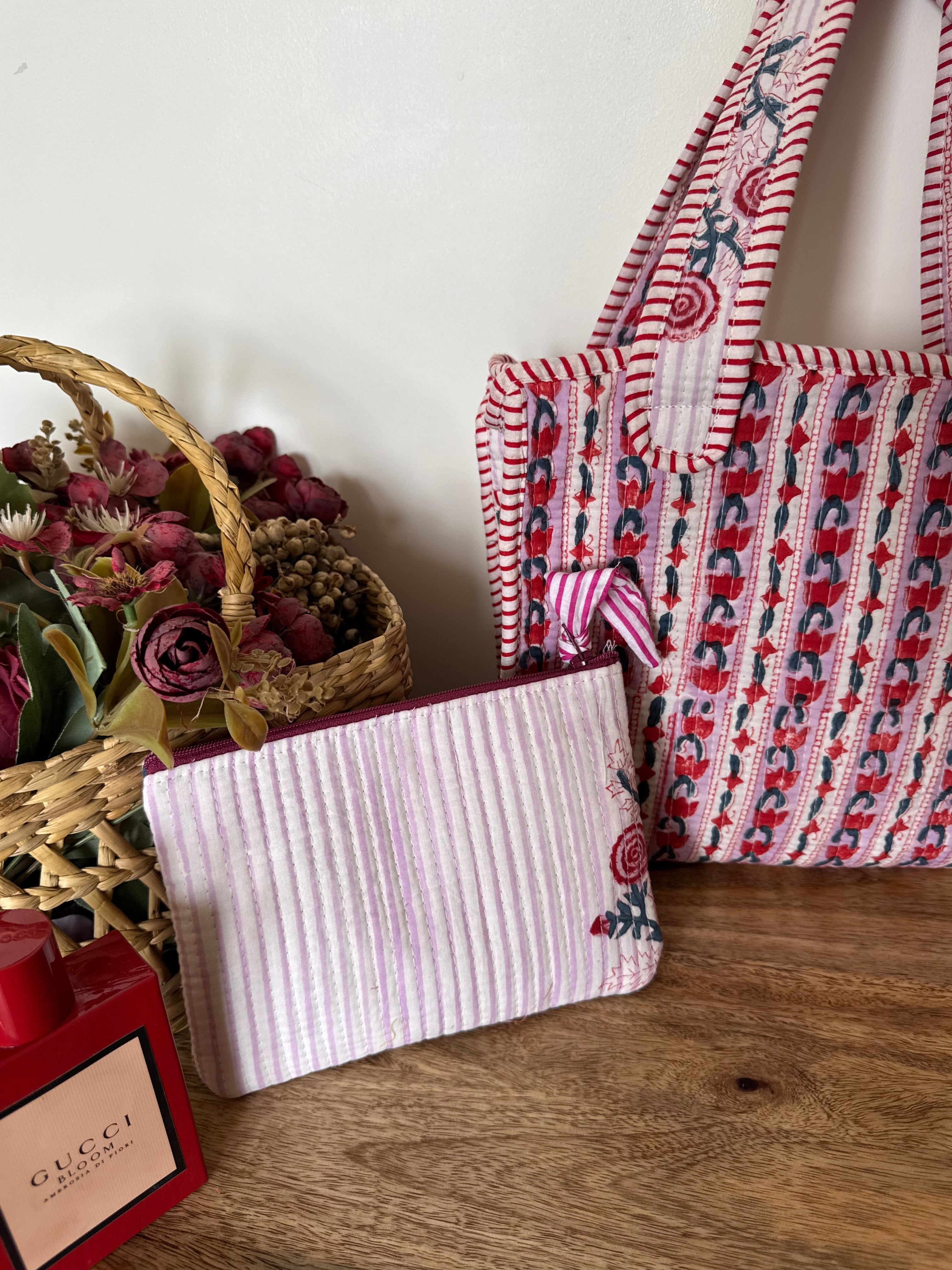 REVERSIBLE MINI TOTE BAG WITH MATCHING FLAT POUCH SET