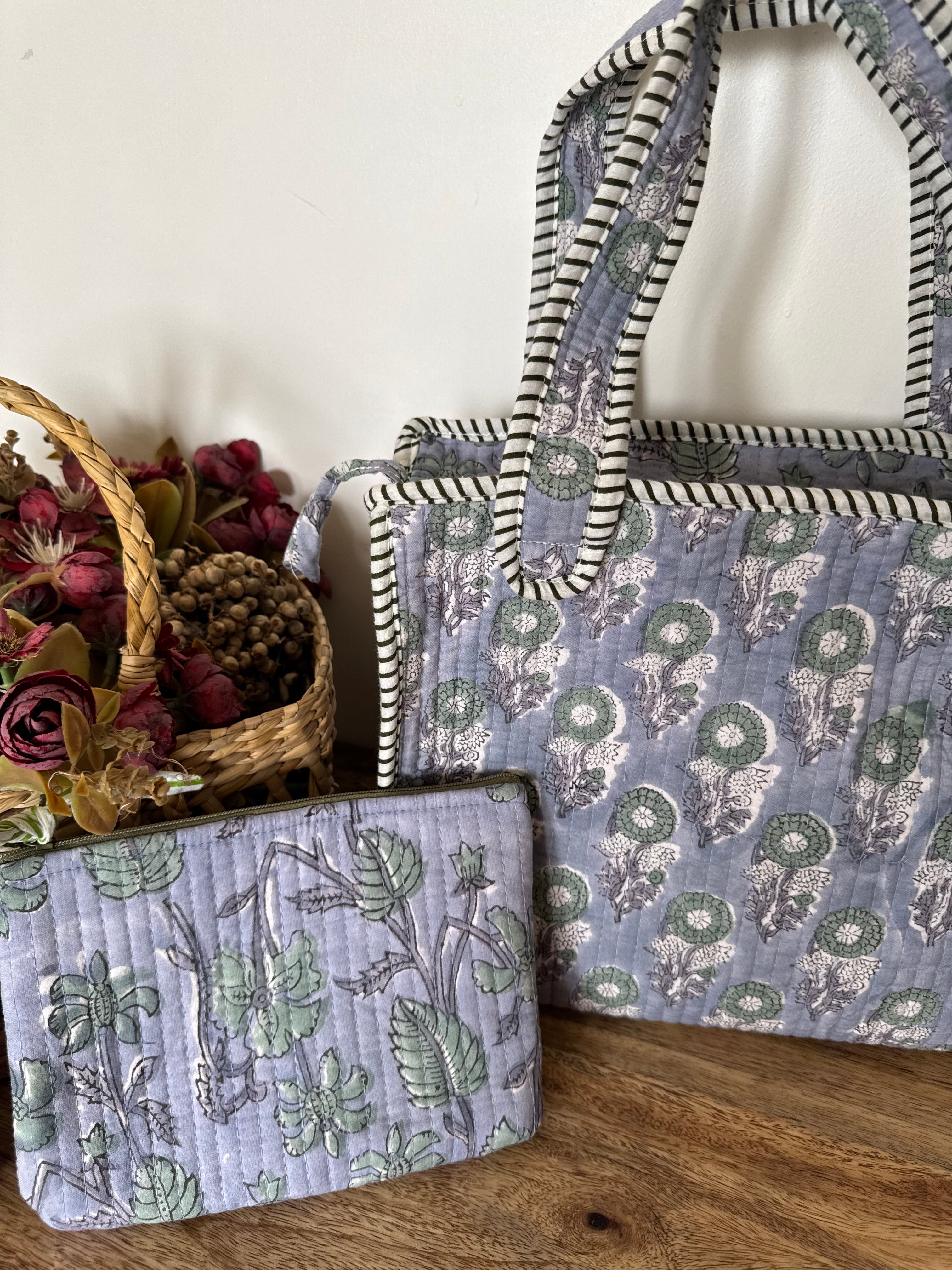 REVERSIBLE MINI TOTE BAG WITH MATCHING FLAT POUCH SET