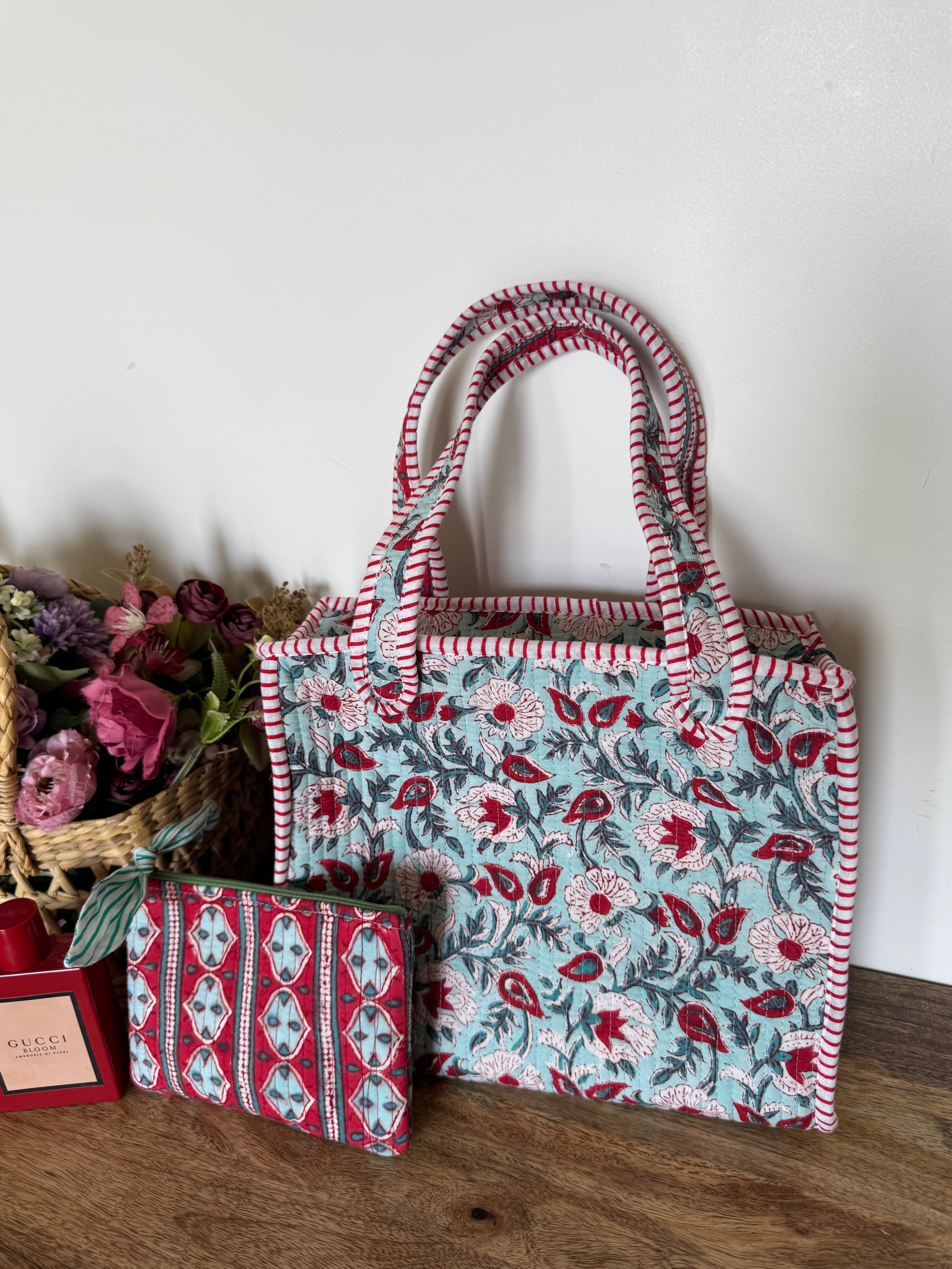 REVERSIBLE MINI TOTE BAG WITH MATCHING FLAT POUCH SET
