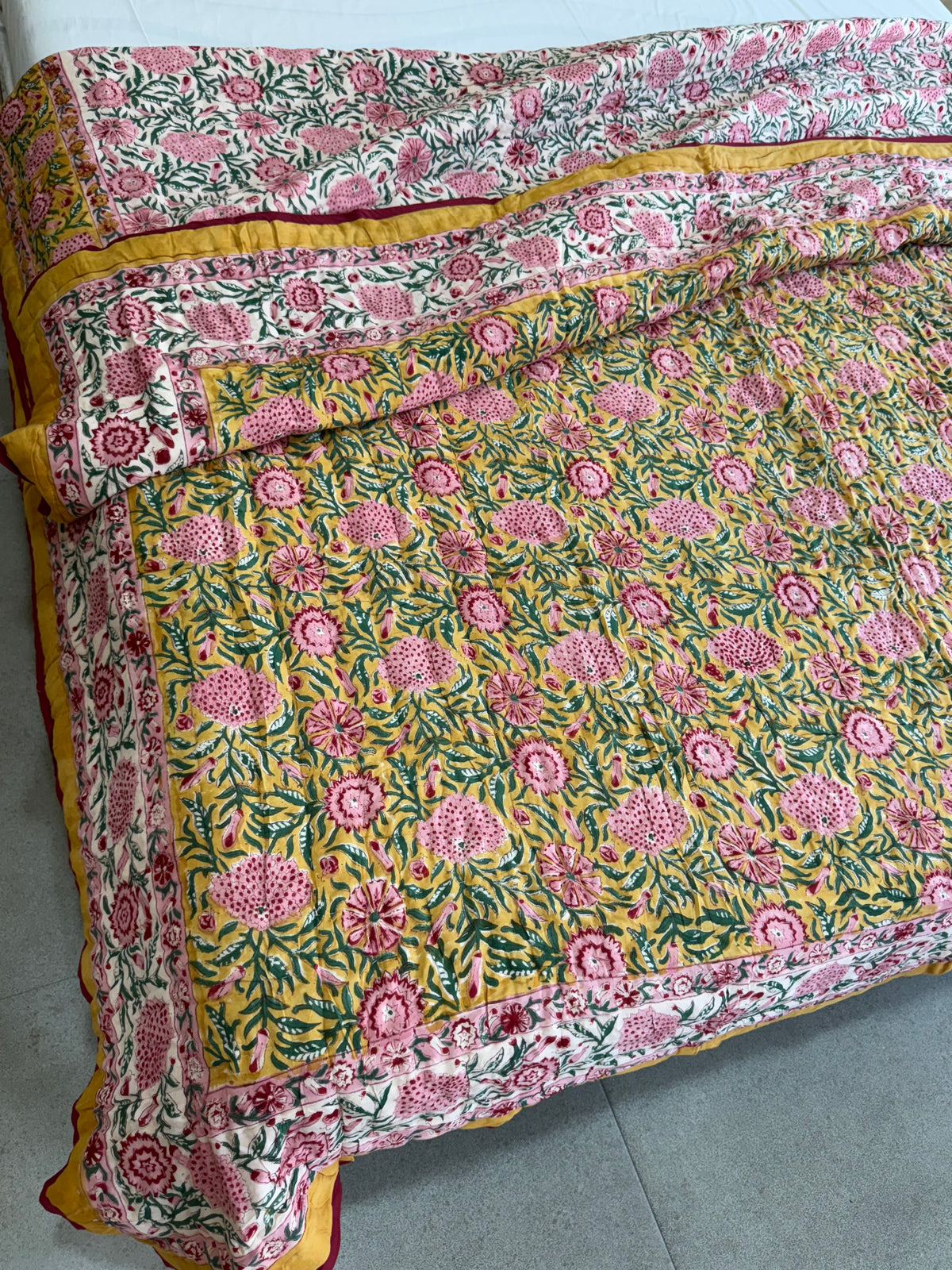FESTIVE HAND BLOCK PRINTED REVERSIBLE QUILT (DOUBLE BED)