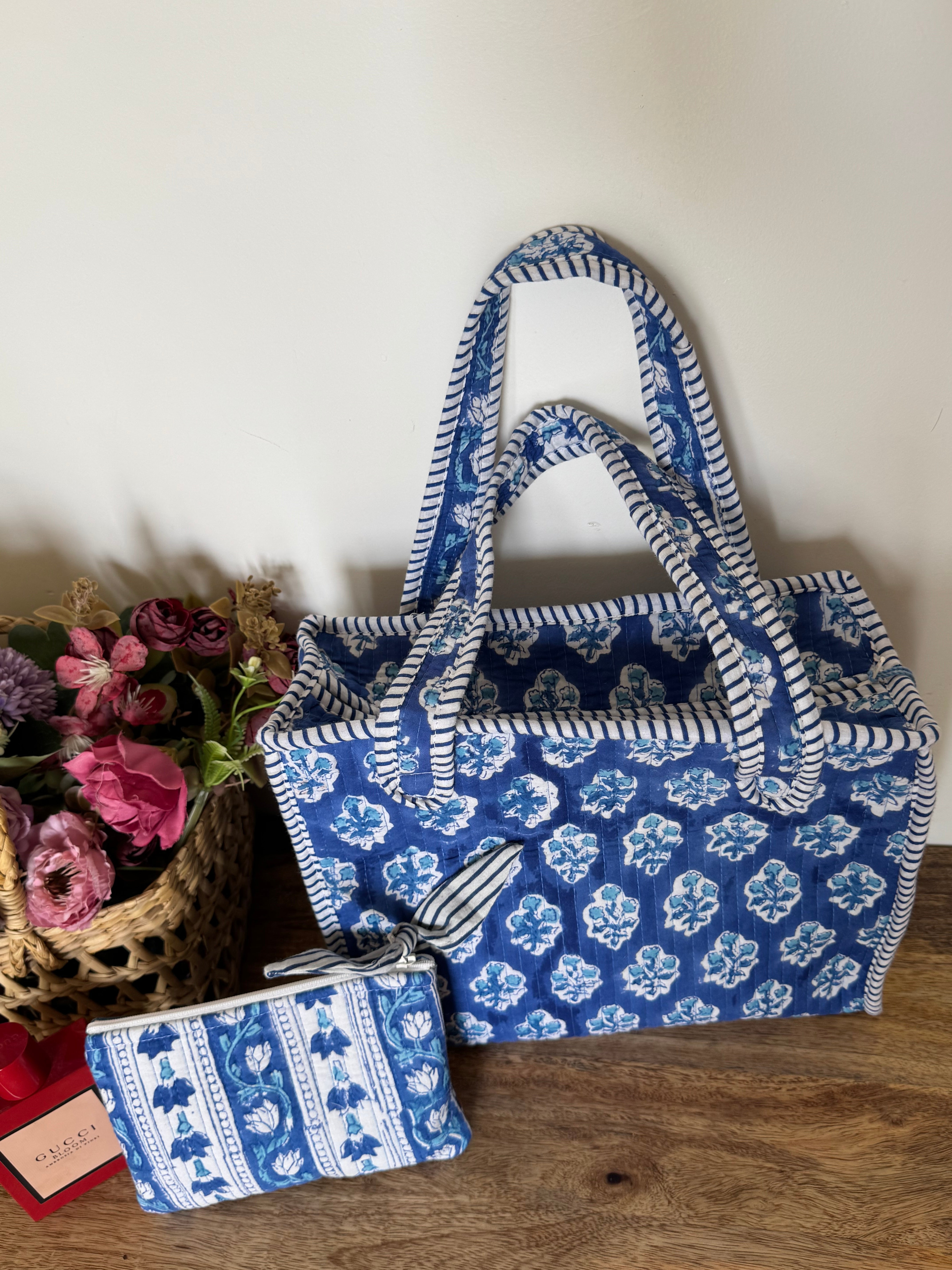 REVERSIBLE MINI TOTE BAG WITH MATCHING FLAT POUCH SET