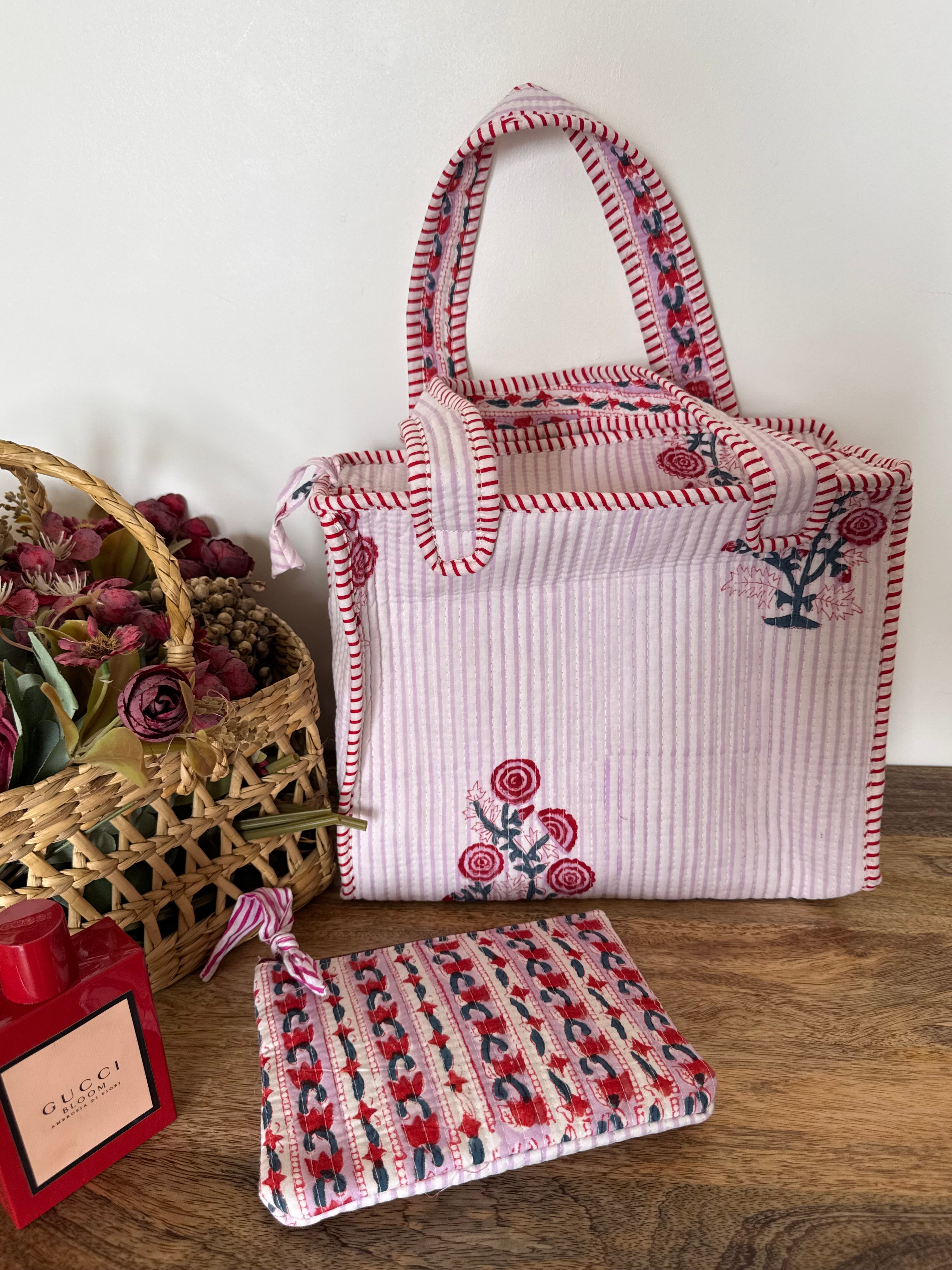 REVERSIBLE MINI TOTE BAG WITH MATCHING FLAT POUCH SET