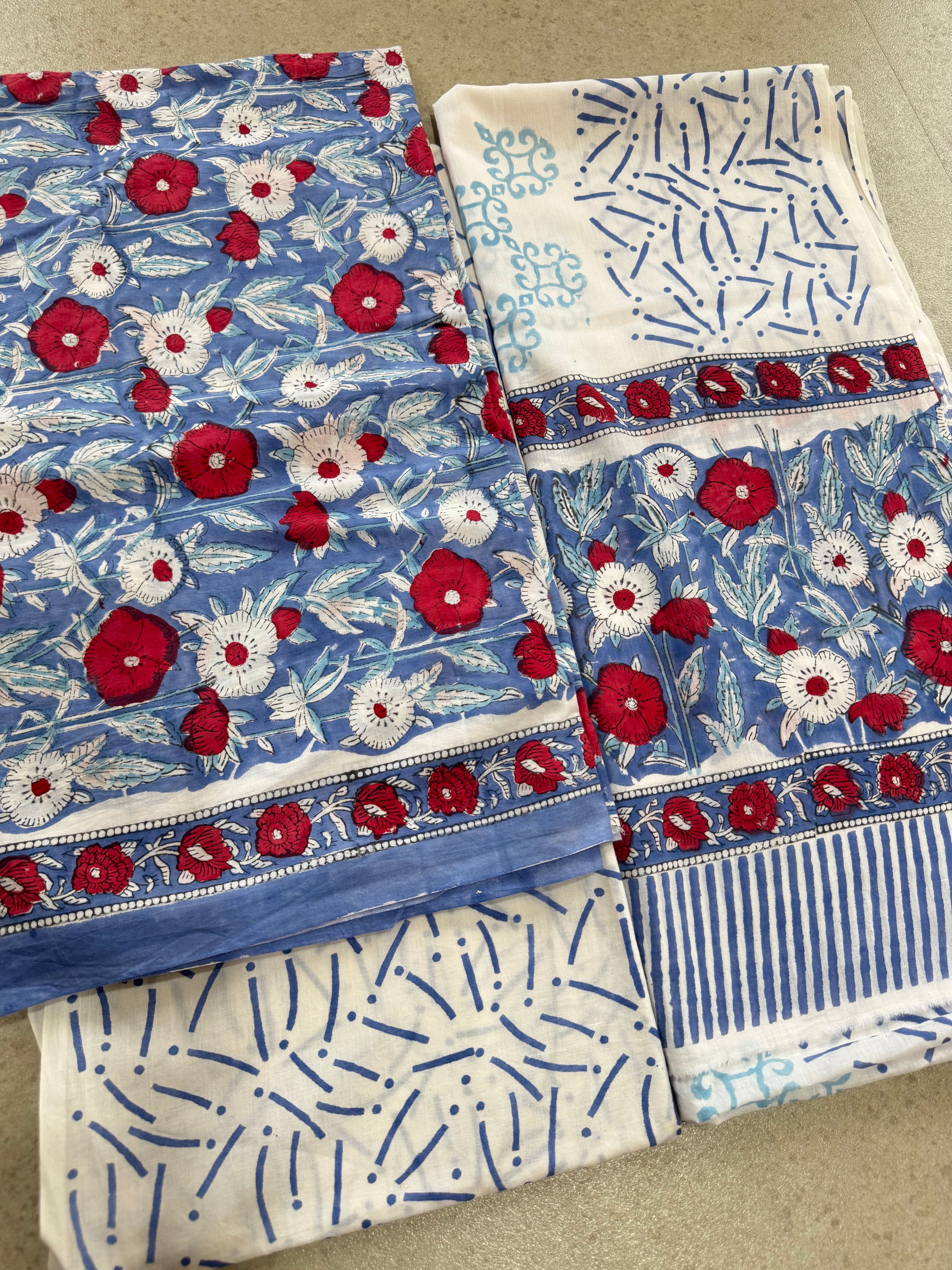 HAND BLOCK PRINTED COTTON UNSTITCHED SUIT WITH MULMUL DUPATTA