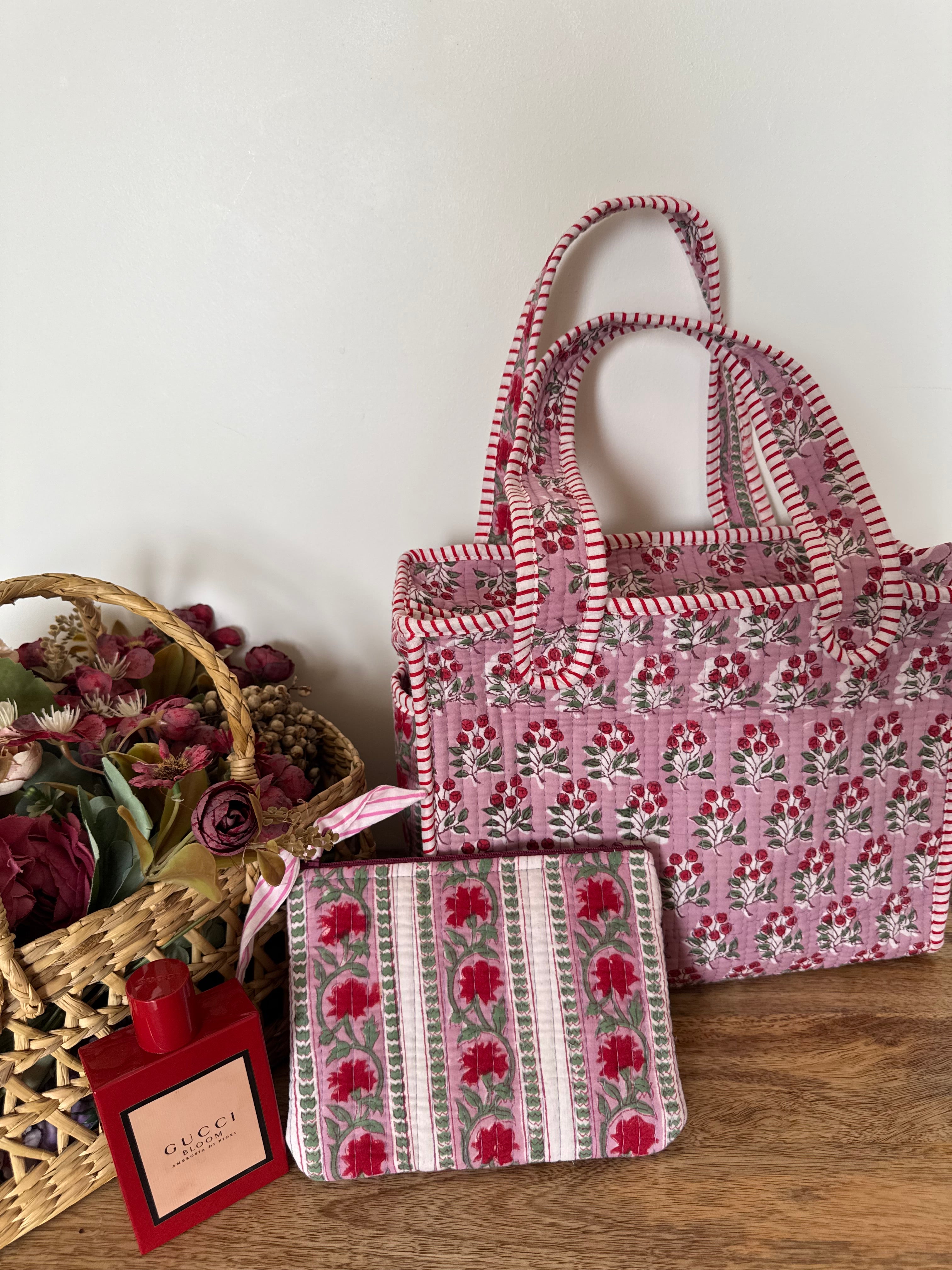 REVERSIBLE MINI TOTE BAG WITH MATCHING FLAT POUCH SET