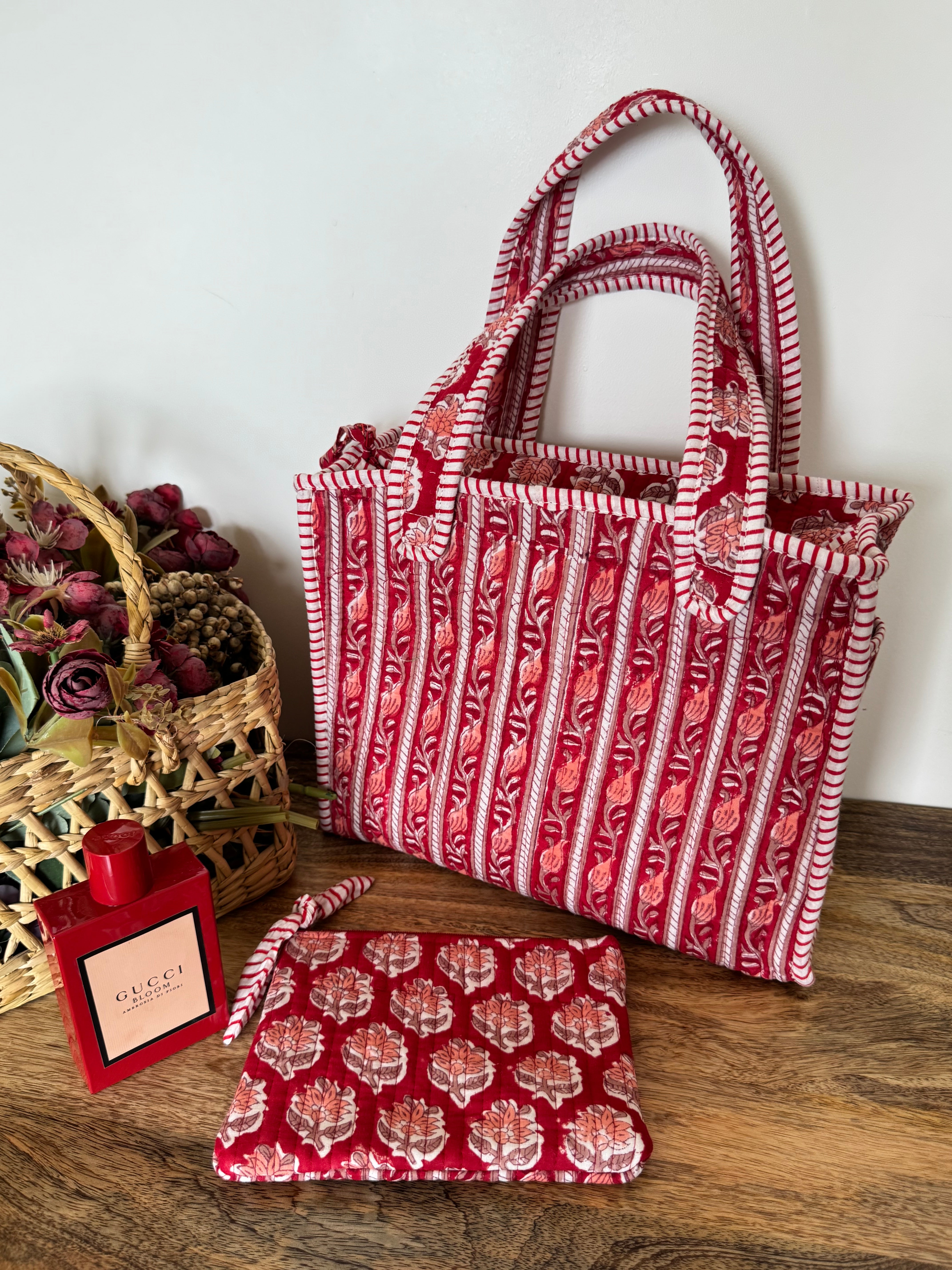 REVERSIBLE MINI TOTE BAG WITH MATCHING FLAT POUCH SET