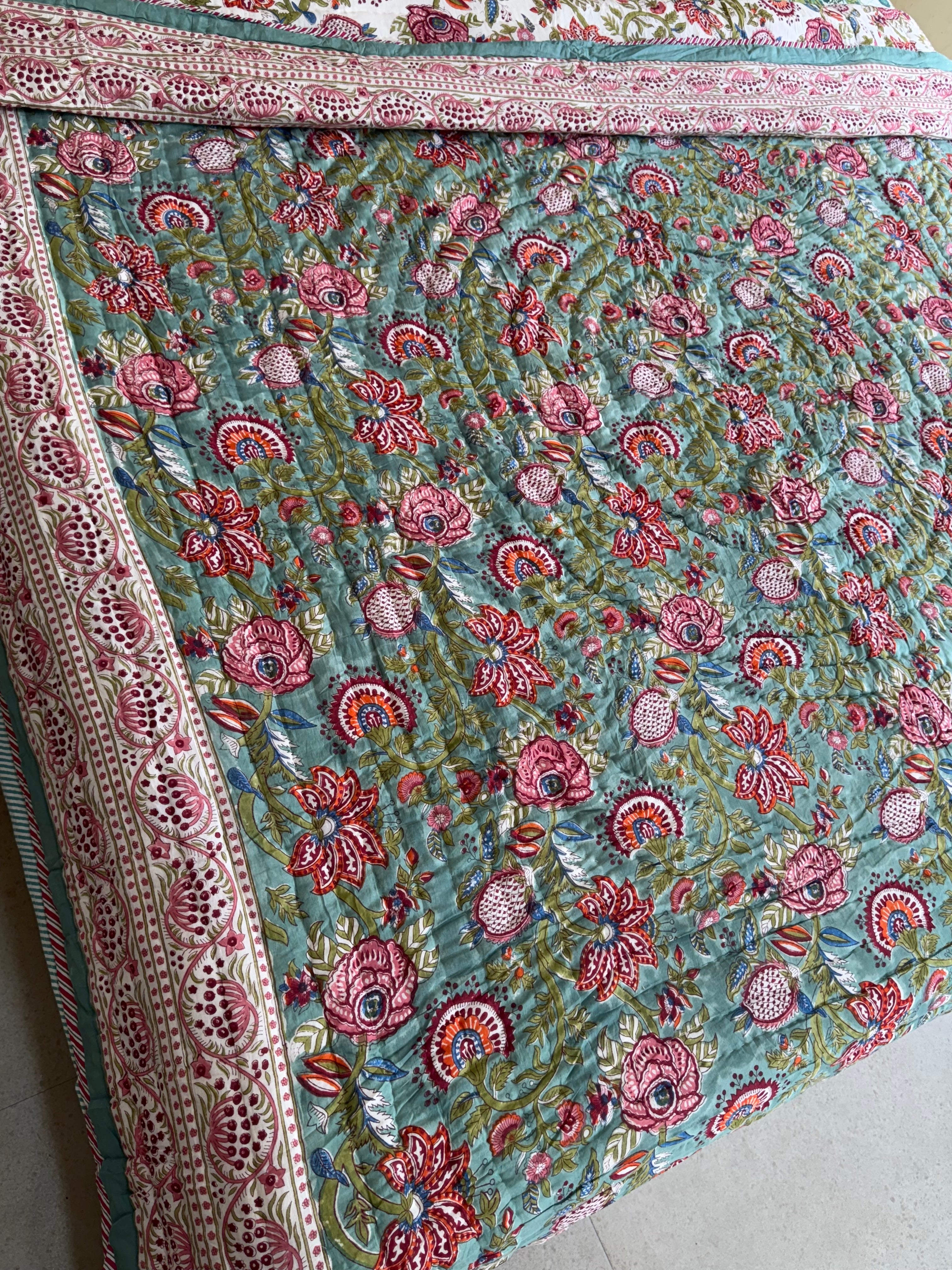 FESTIVE HAND BLOCK PRINTED REVERSIBLE QUILT (DOUBLE BED)