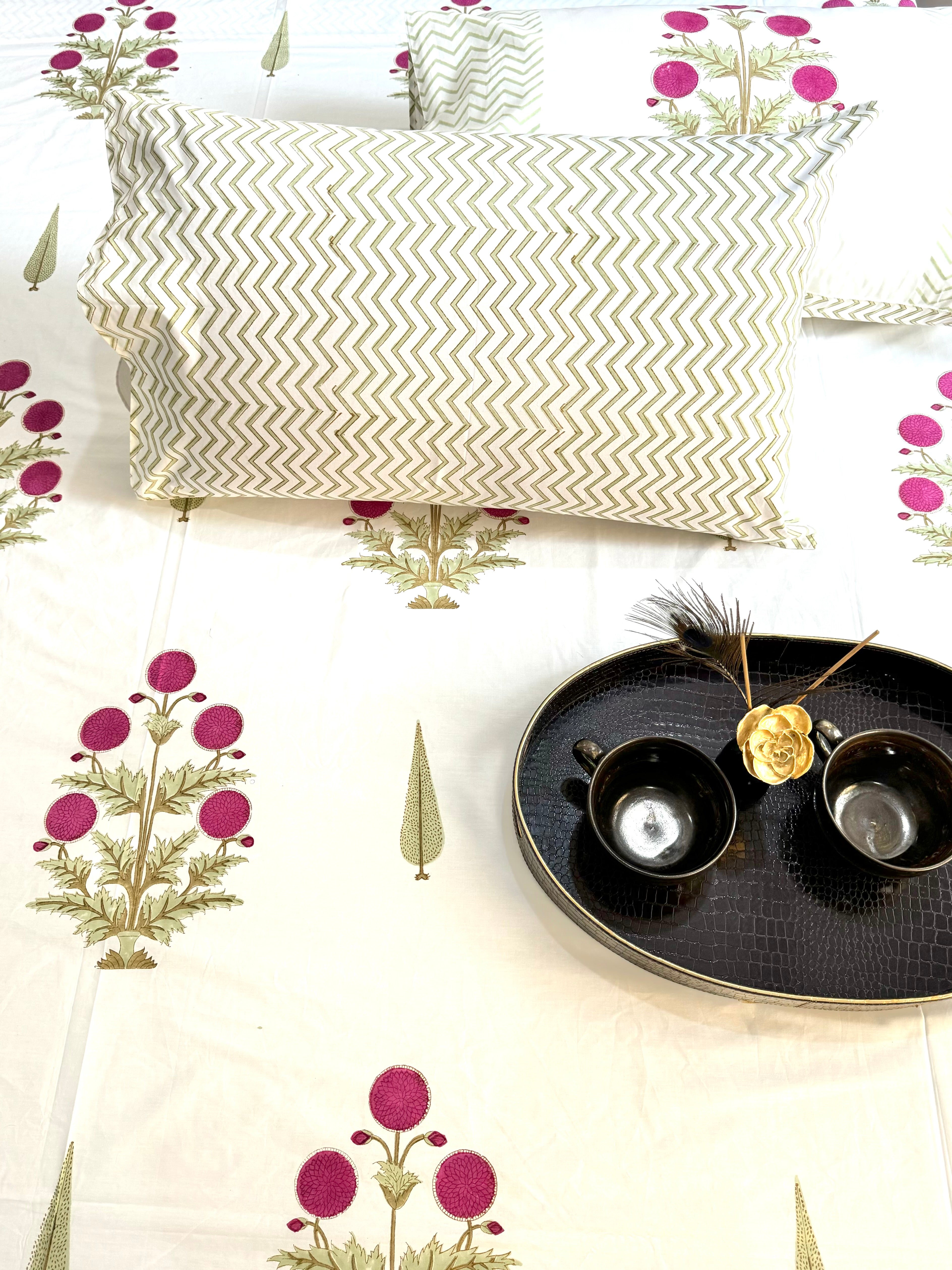 SAMAR HAND BLOCK PRINTED BEDSHEET WITH TWO REVERSIBLE PILLOW COVERS