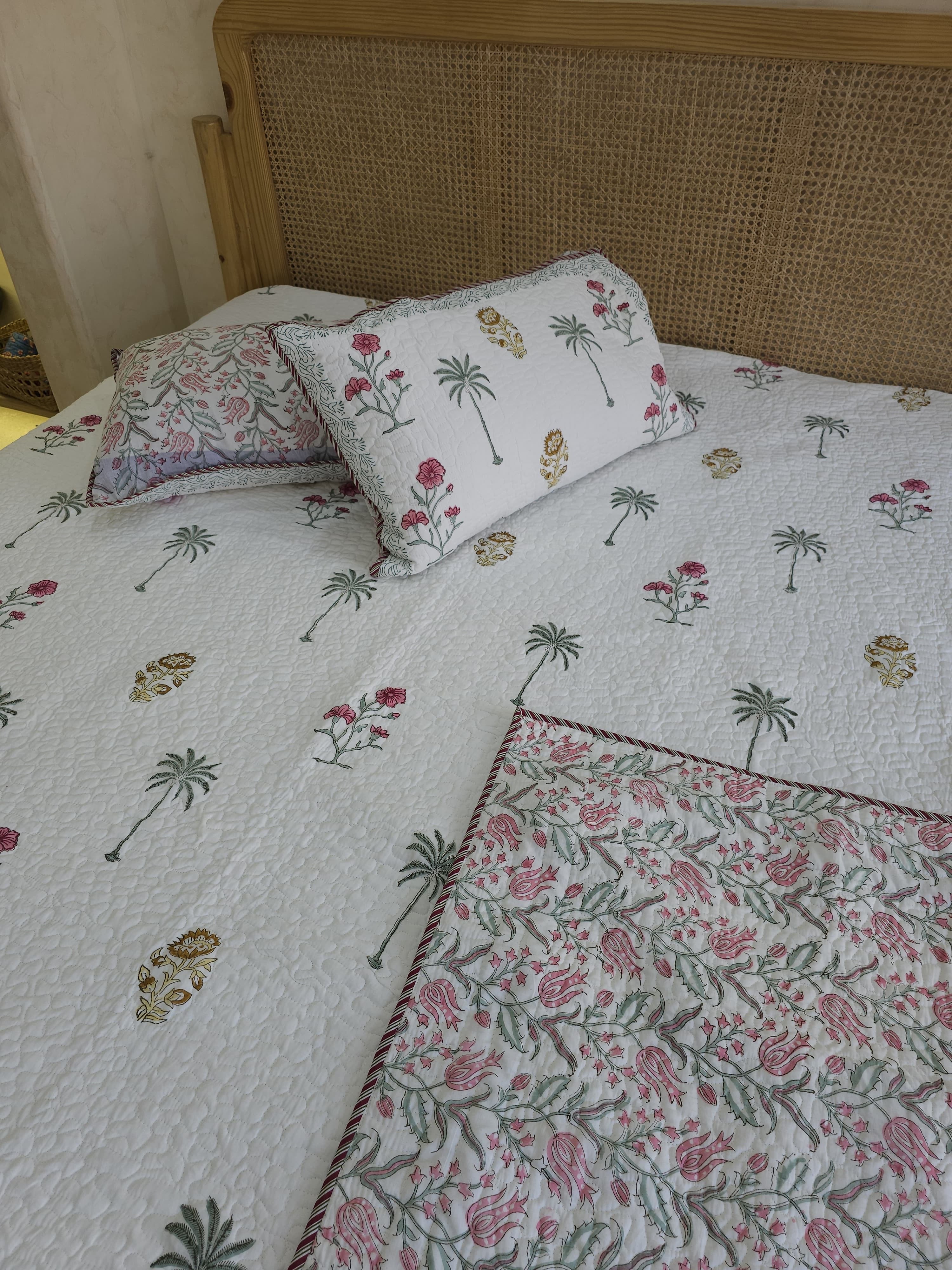 HANDBLOCK PRINTED REVERSIBLE QUILTED BEDCOVER 108*108