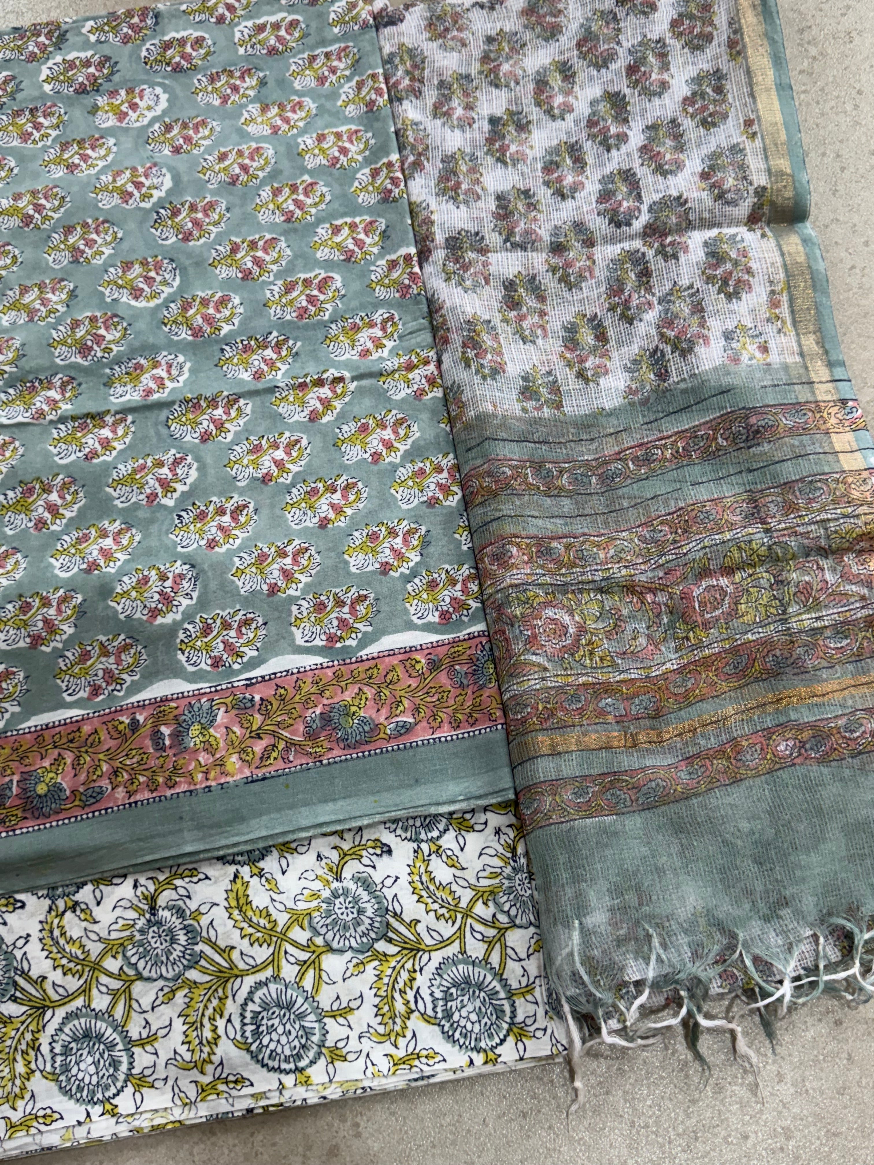 HAND BLOCK PRINTED COTTON WITH KOTA DORIYA DUPATTA UNSTITCHED SUIT