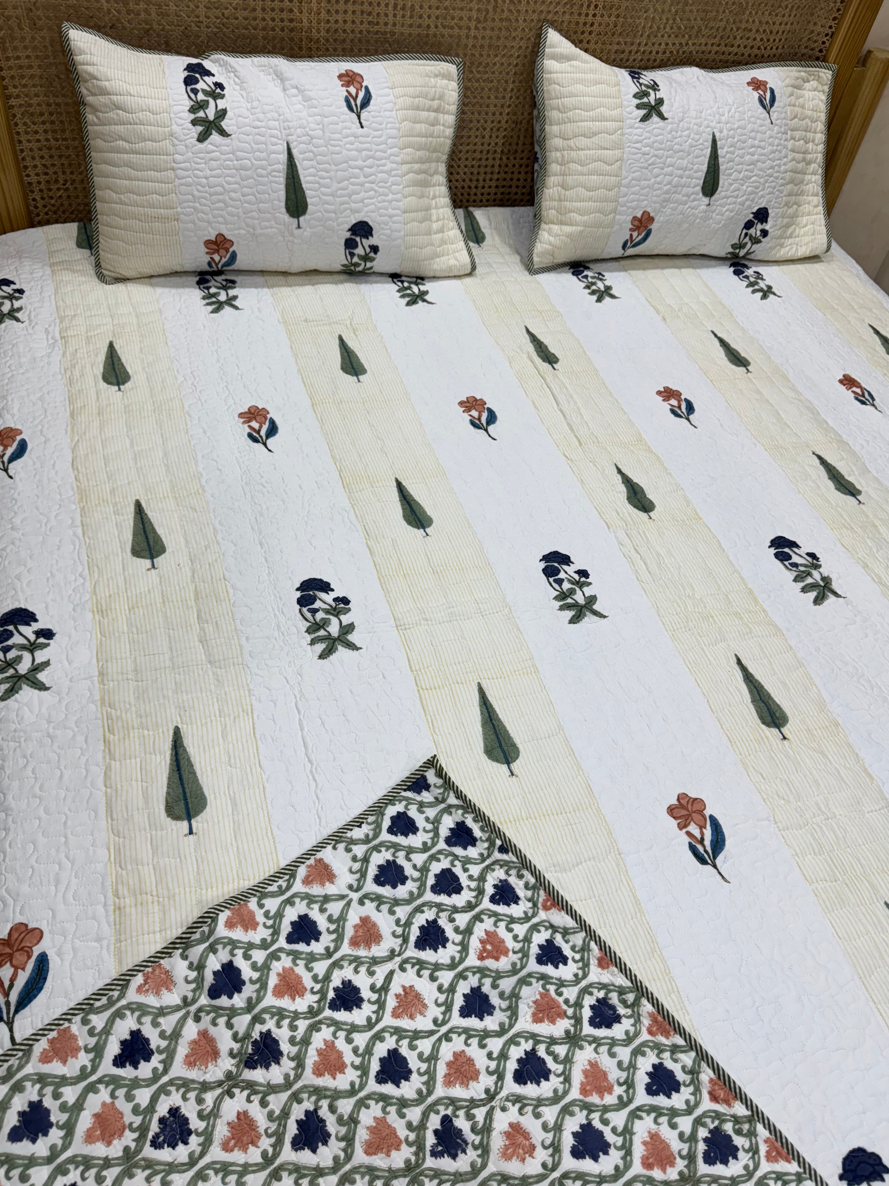 HANDBLOCK PRINTED REVERSIBLE QUILTED BEDCOVER 90*108 inches
