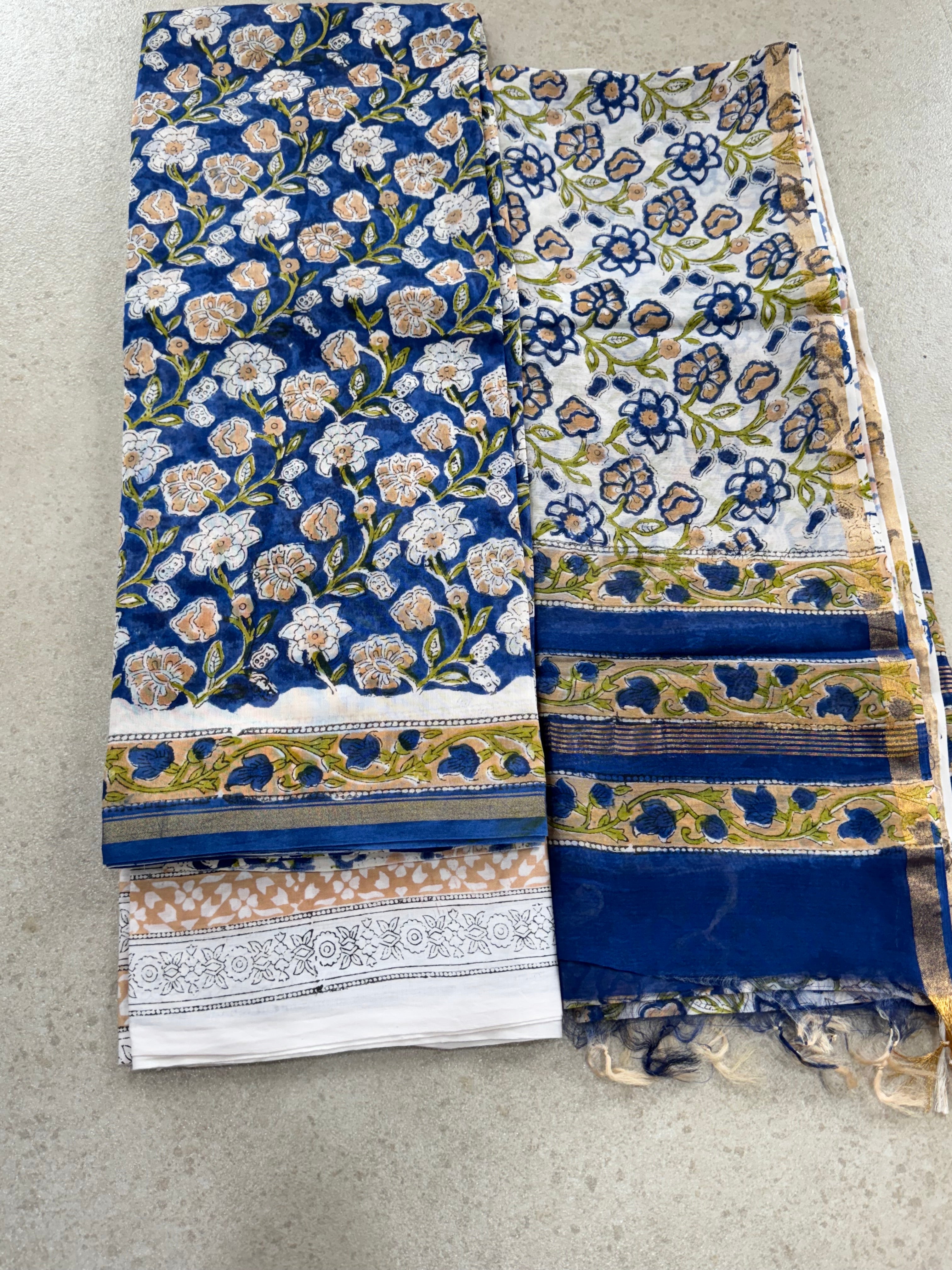 HAND BLOCK PRINTED CHANDERI UNSTITCHED SUIT