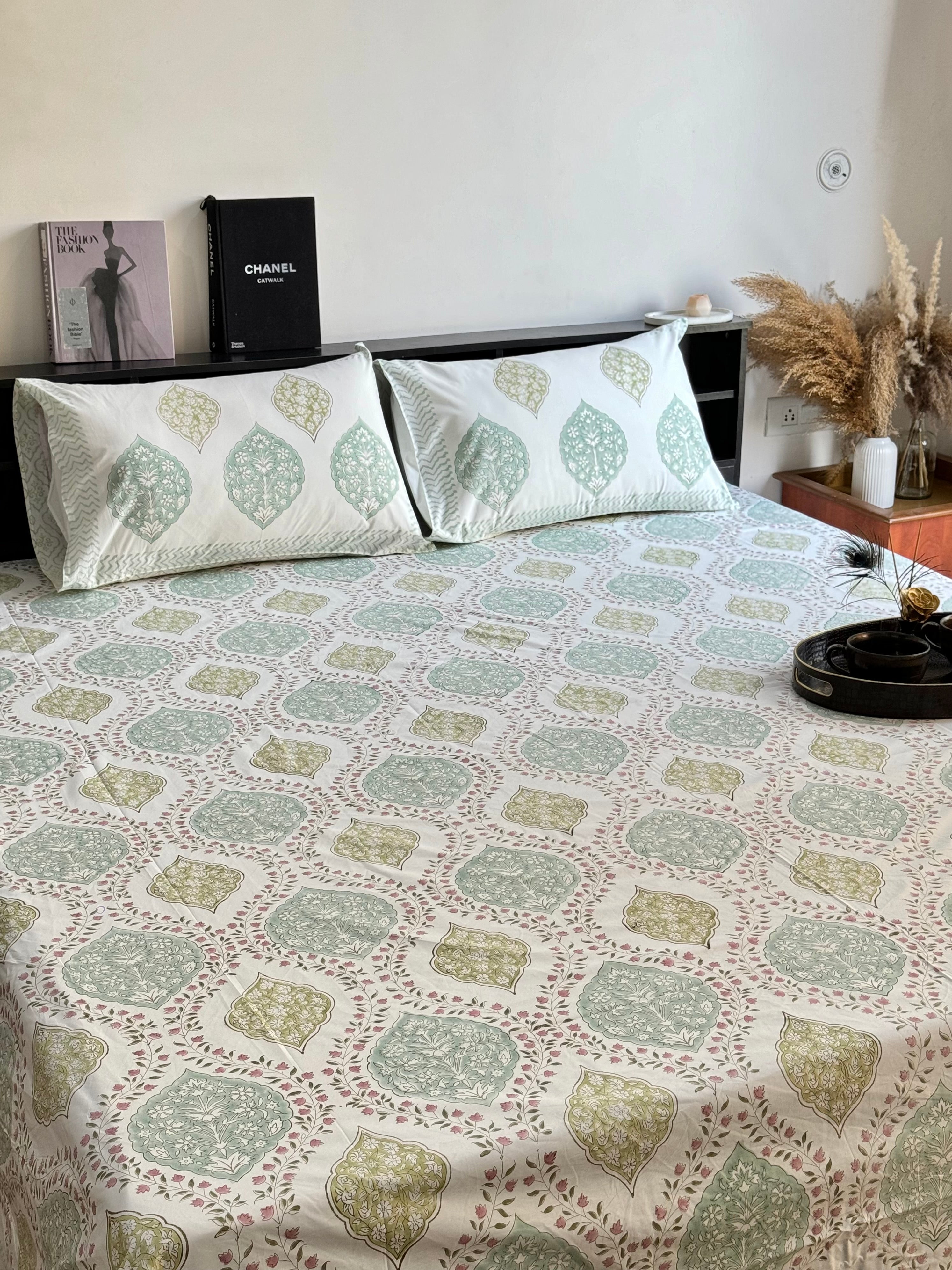 EVERGREEN JAAL HAND BLOCK PRINTED BEDSHEET WITH TWO REVERSIBLE PILLOW COVERS