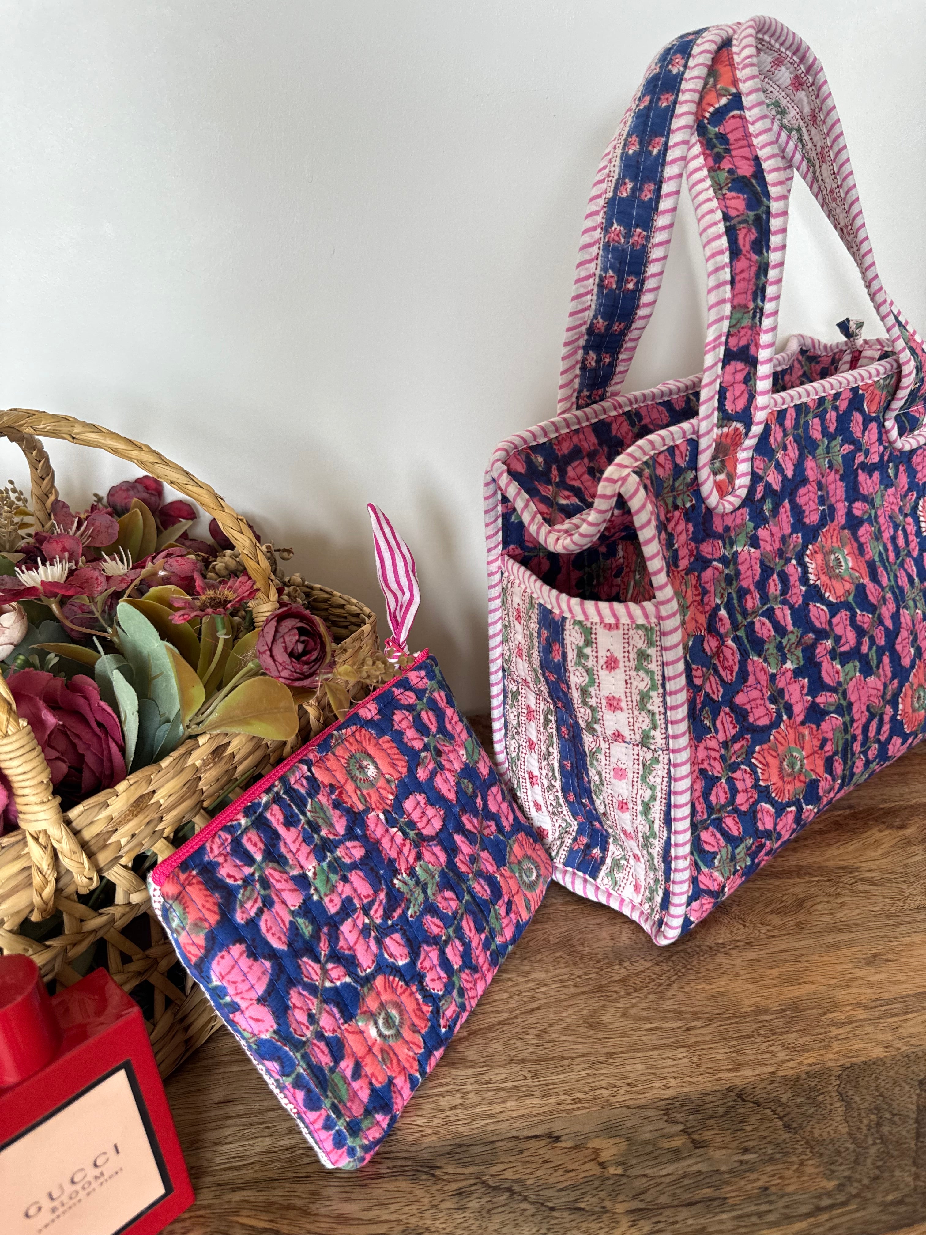 REVERSIBLE MINI TOTE BAG WITH MATCHING FLAT POUCH SET