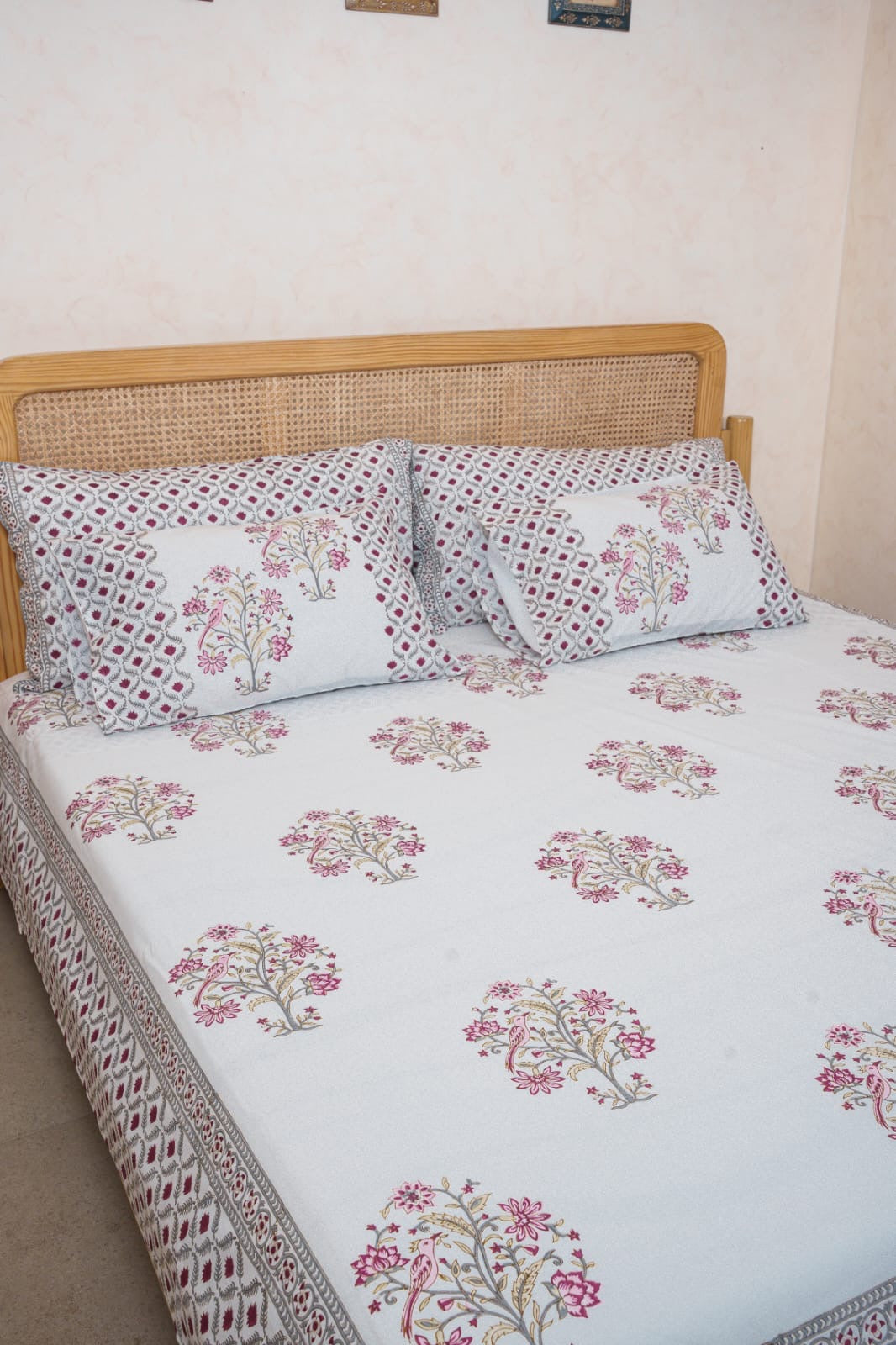 BLOOM ATELIER HAND BLOCK PRINTED BEDSHEET WITH TWO REVERSIBLE PILLOW COVERS