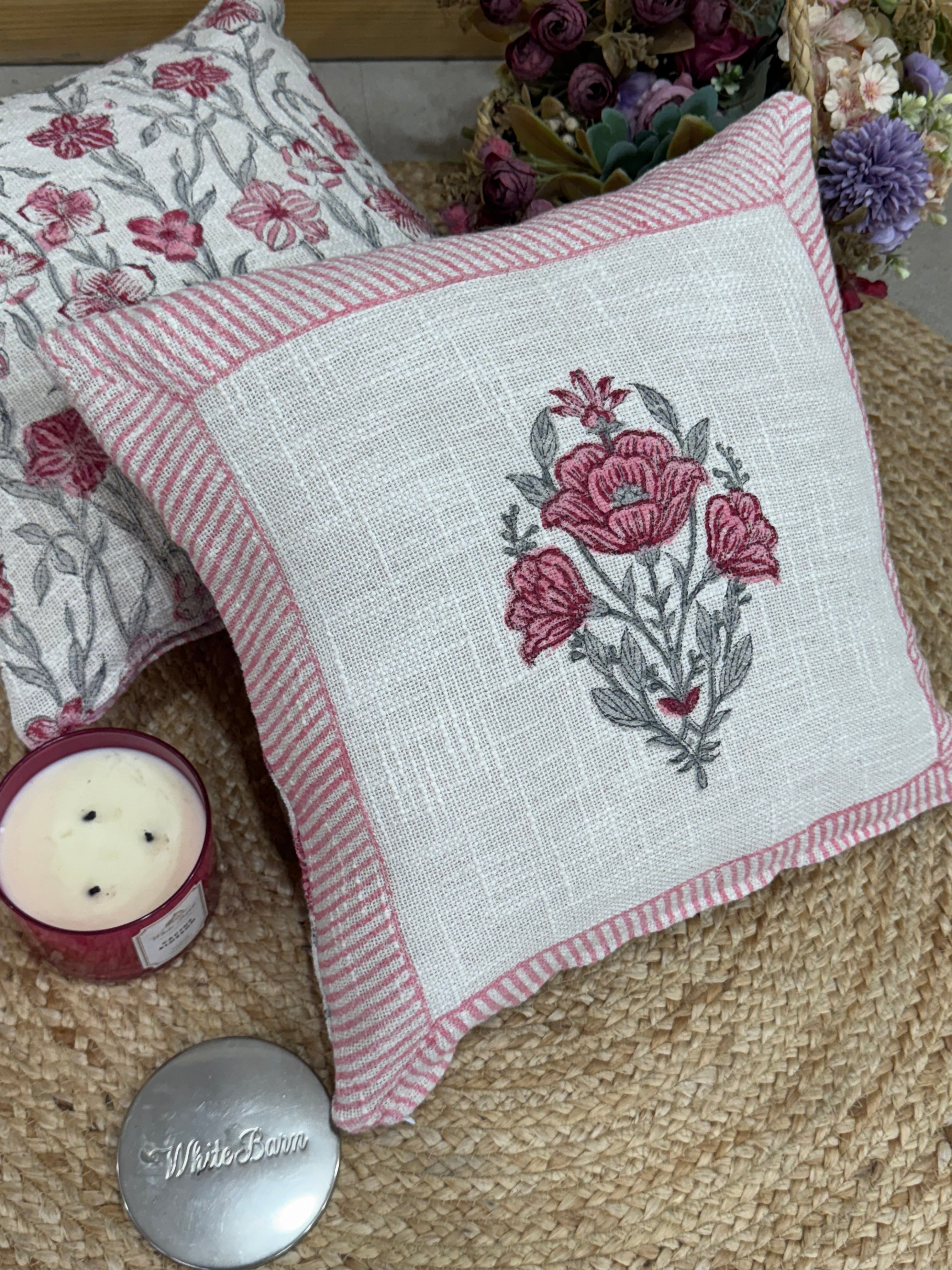 A PAIR OF HANDBLOCK PRINTED 16*16 INCHES JUTE CUSHION COVER