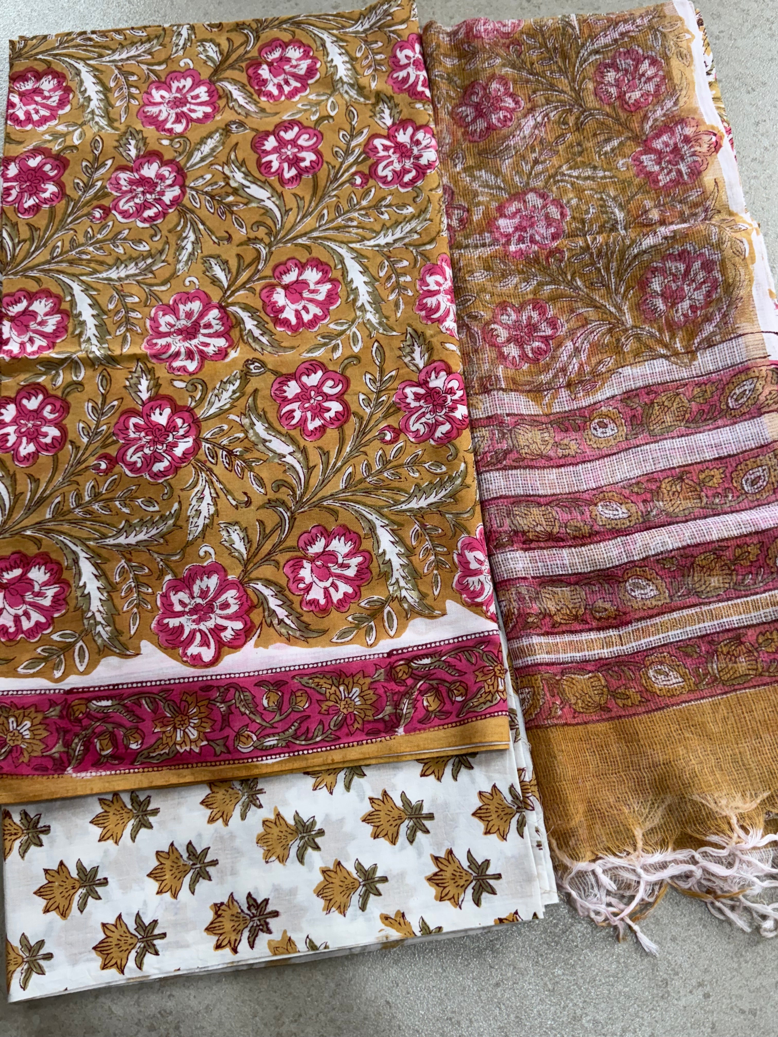 HAND BLOCK PRINTED COTTON WITH KOTA DORIYA DUPATTA UNSTITCHED SUIT