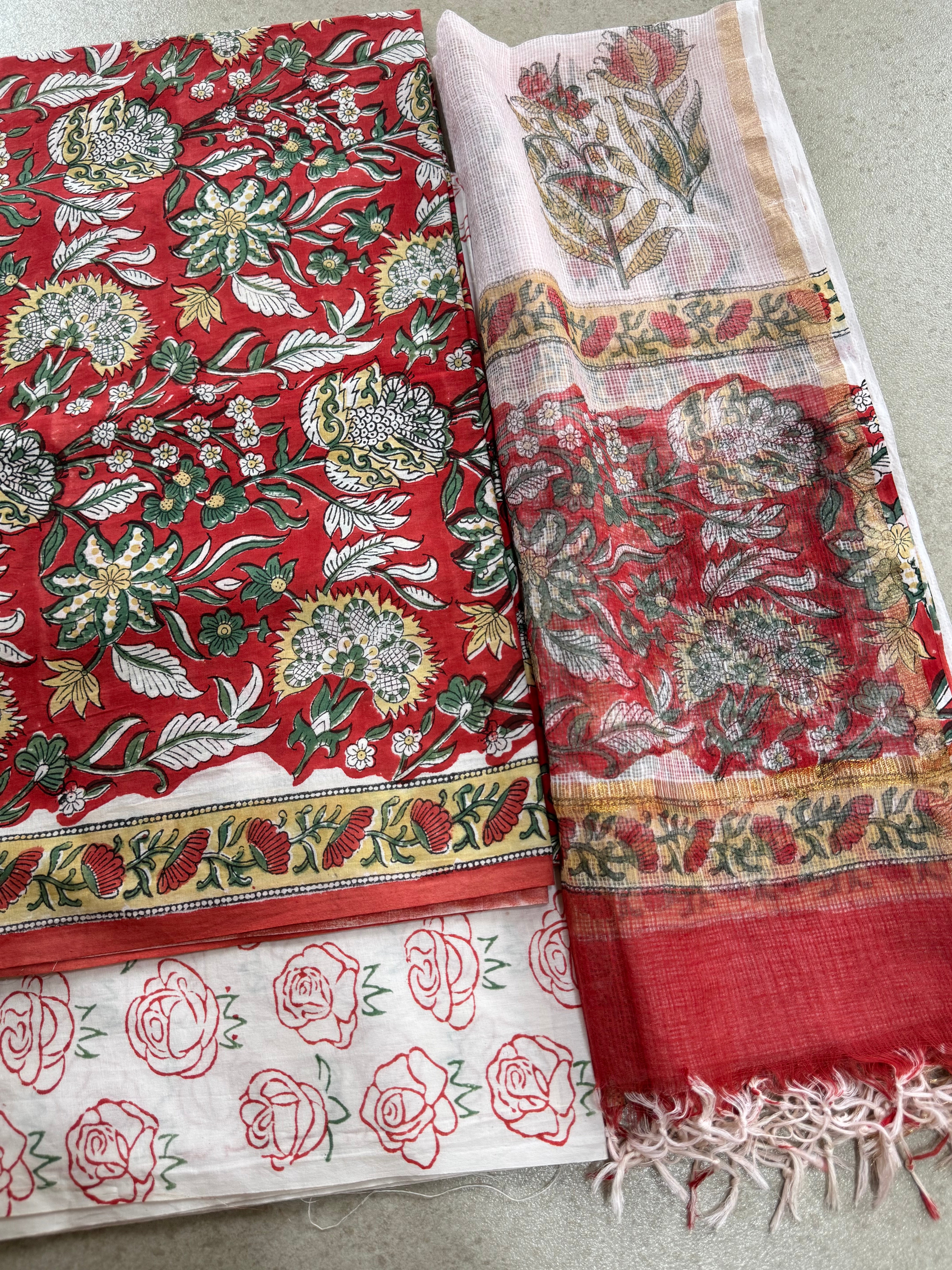 HAND BLOCK PRINTED COTTON WITH KOTA DORIYA DUPATTA UNSTITCHED SUIT